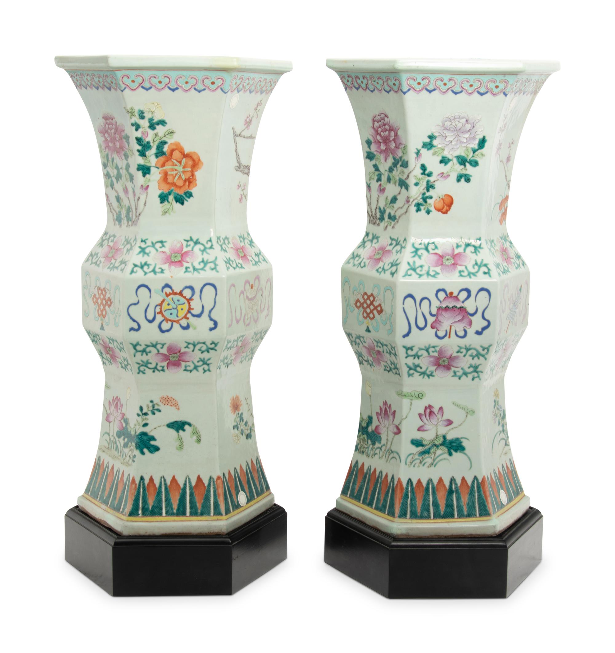 A Pair of Large Chinese Famille Rose Porcelain Hexagonal Gu -Form Stands
