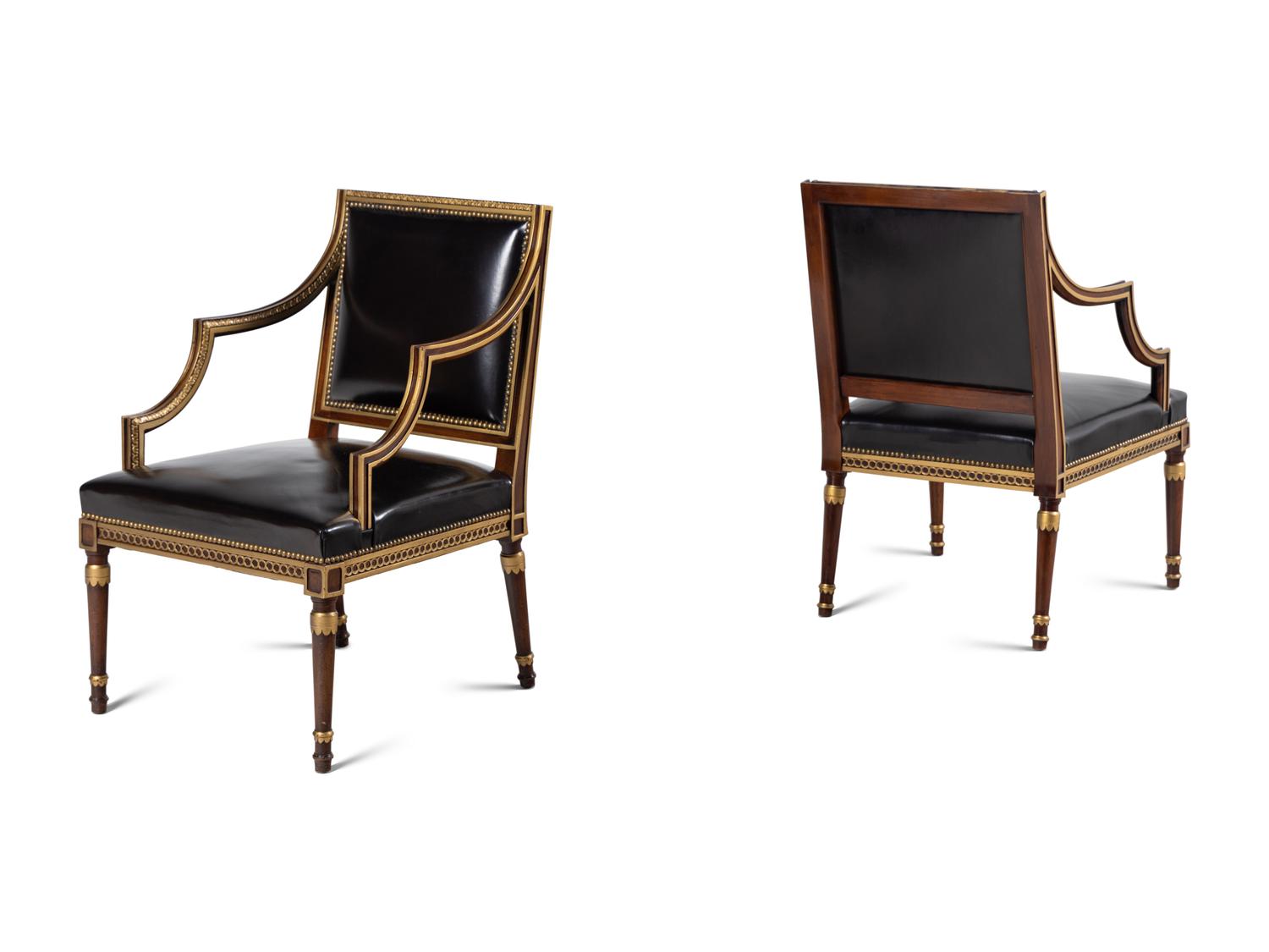 A Pair of Neoclassical Style Parcel Gilt Mahogany Armchairs