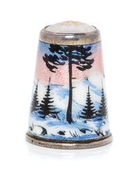 A Norwegian Silver and Enameled Thimble, David Andersen, Oslo, Late 19th/Early 20th Century, the hardstone inset top above a guilloche