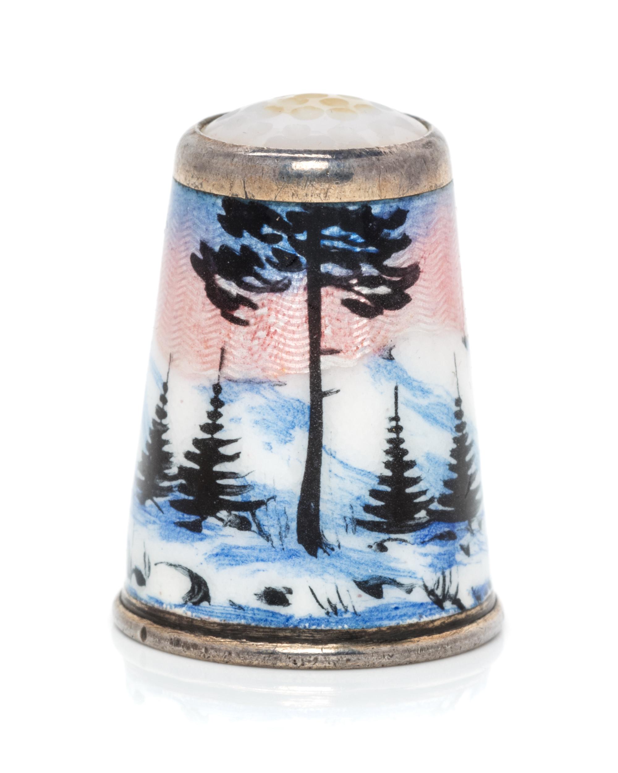 A Norwegian Silver and Enameled Thimble, David Andersen, Oslo, Late 19th/Early 20th Century, the hardstone inset top above a guilloche