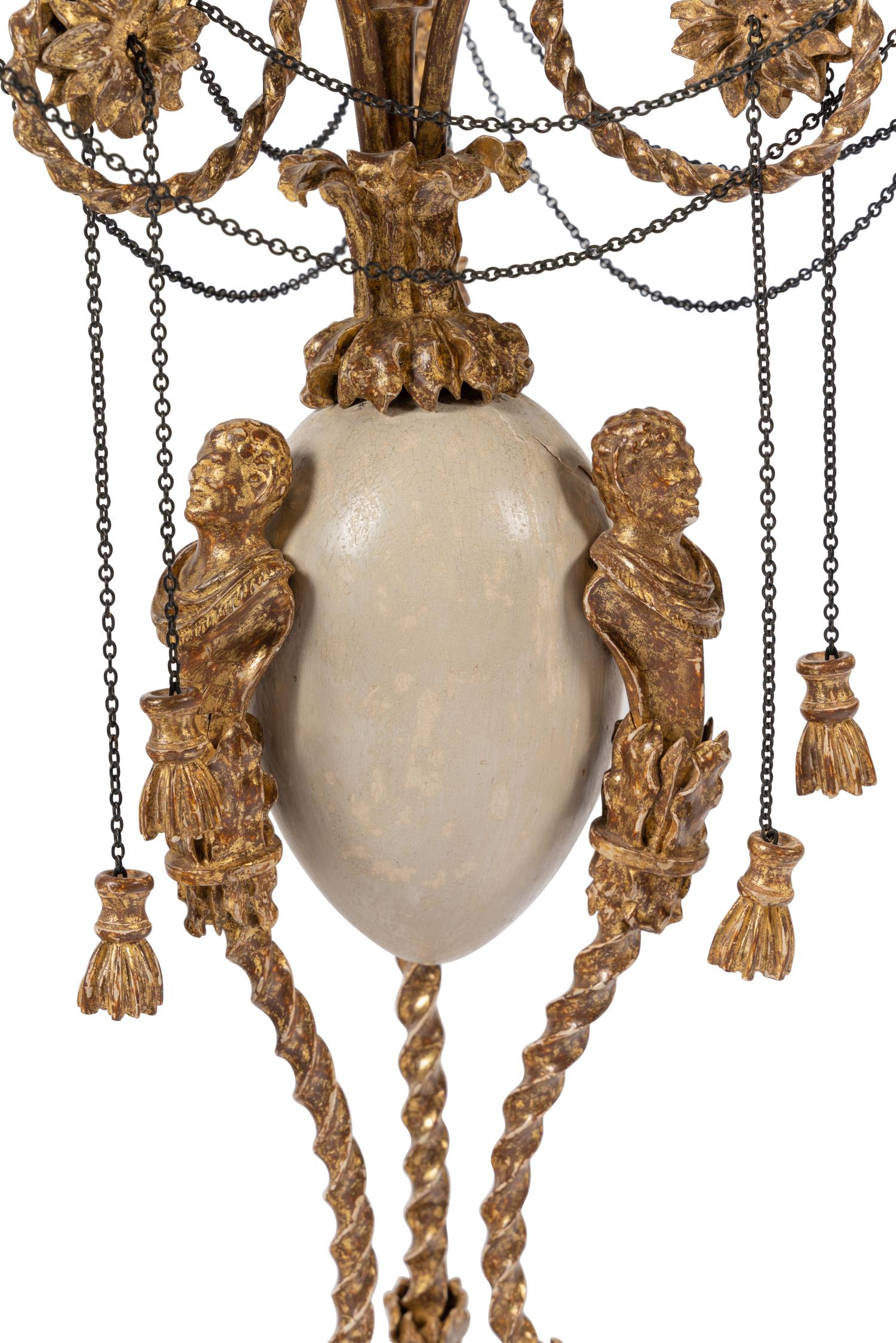 A Pair of Late George III 'Ostrich Egg' and Giltwood Three-Light Candelabra