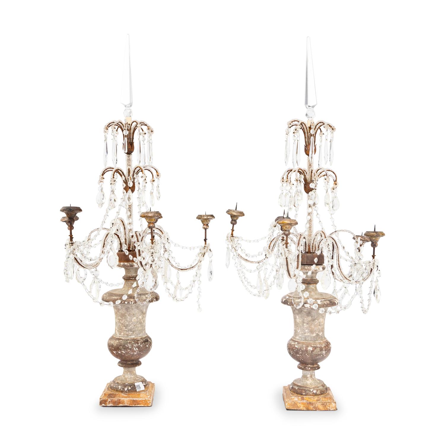 A Pair of Neoclassical Style Painted Wood and Cut-Glass Five-Light Candelabra