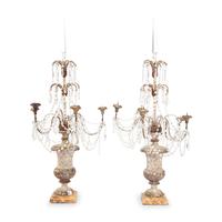 A Pair of Neoclassical Style Painted Wood and Cut-Glass Five-Light Candelabra