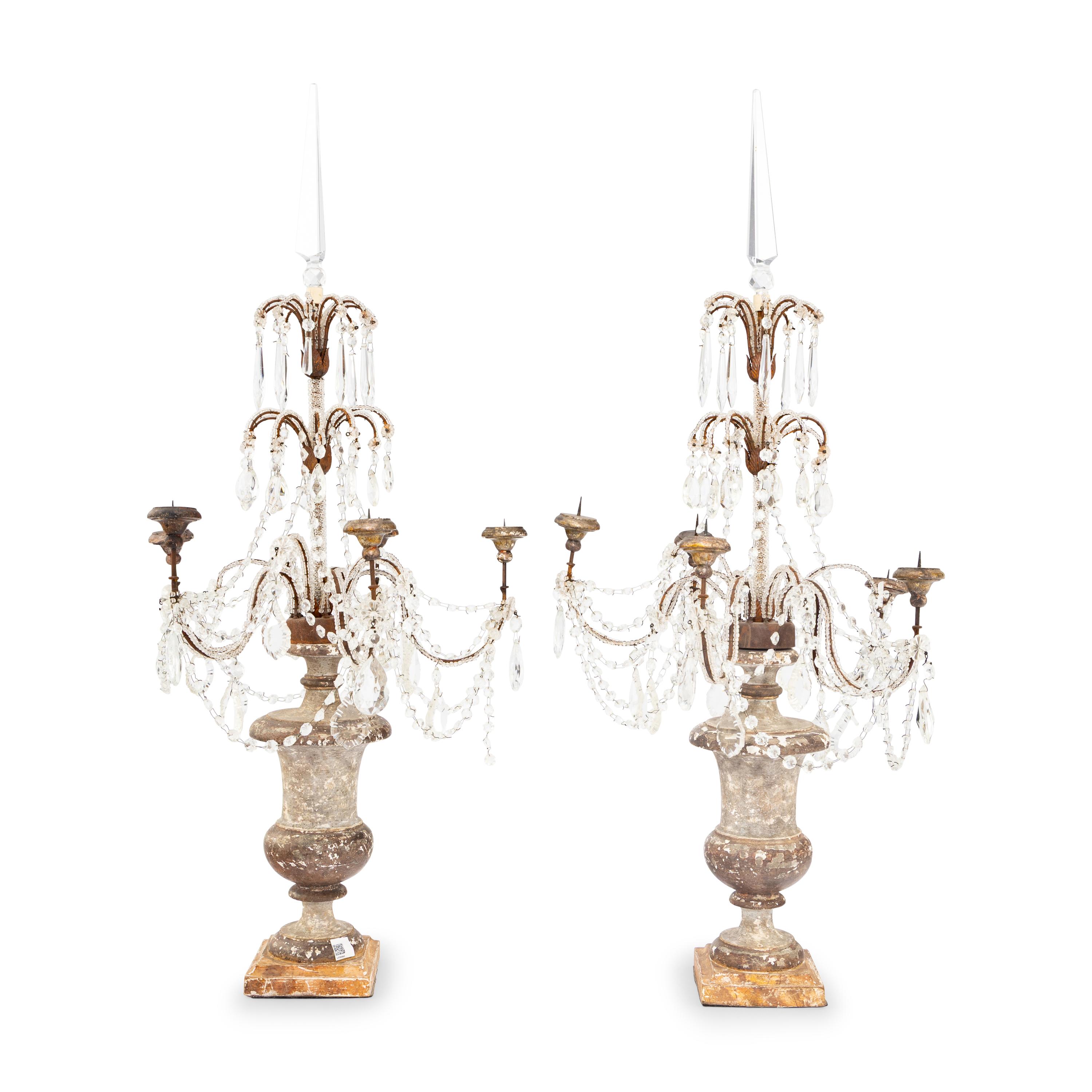 A Pair of Neoclassical Style Painted Wood and Cut-Glass Five-Light Candelabra