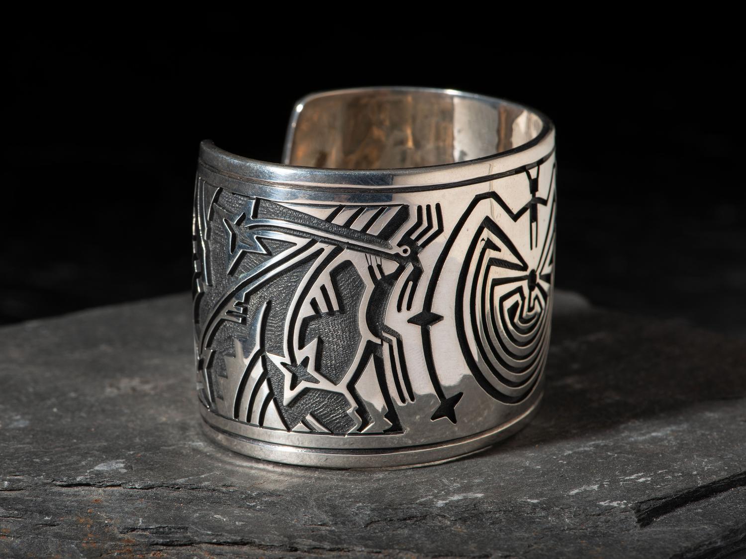 Silver Overlay Man-in-the-Maze and Star Cuff Bracelet