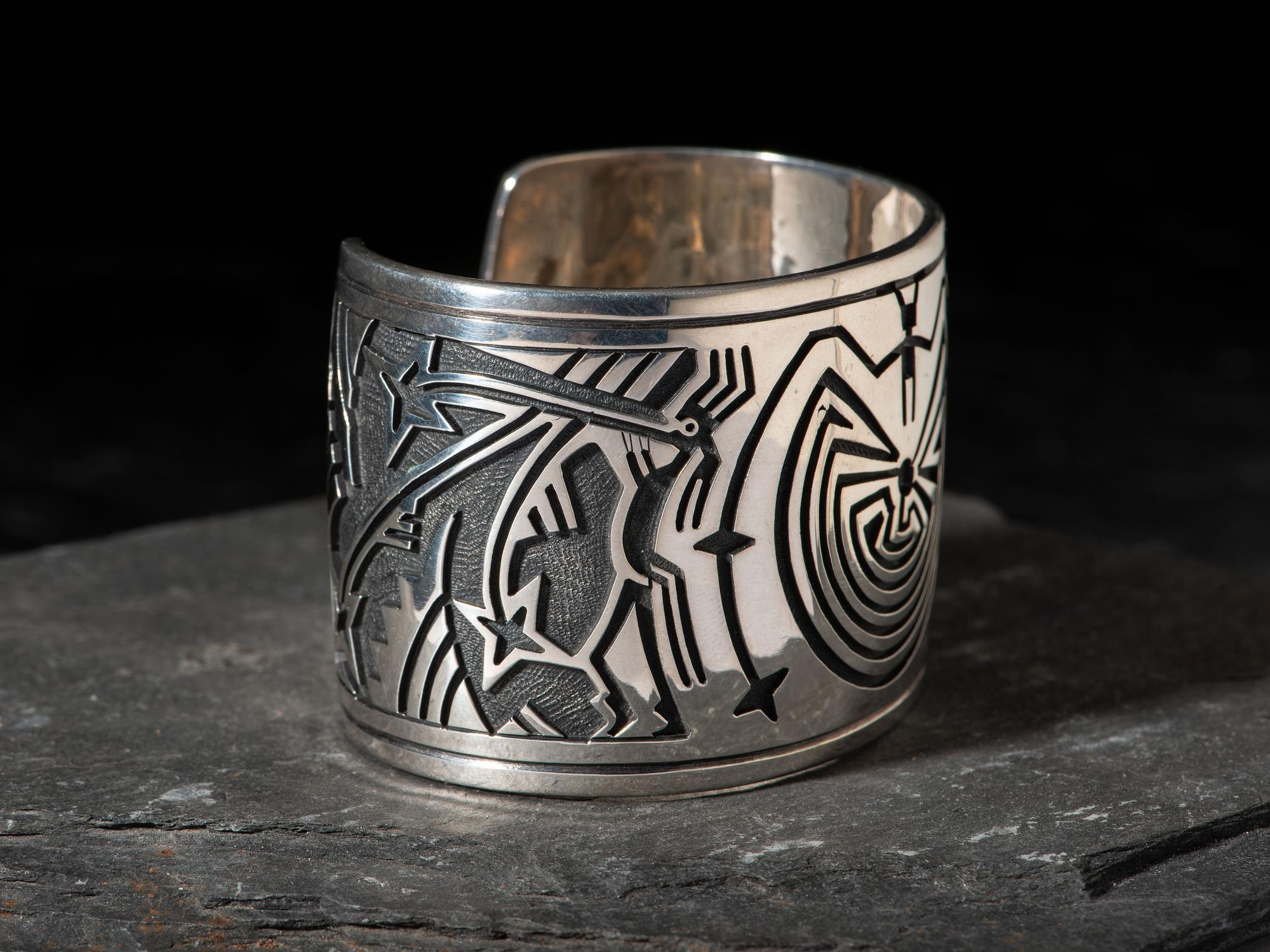 Silver Overlay Man-in-the-Maze and Star Cuff Bracelet