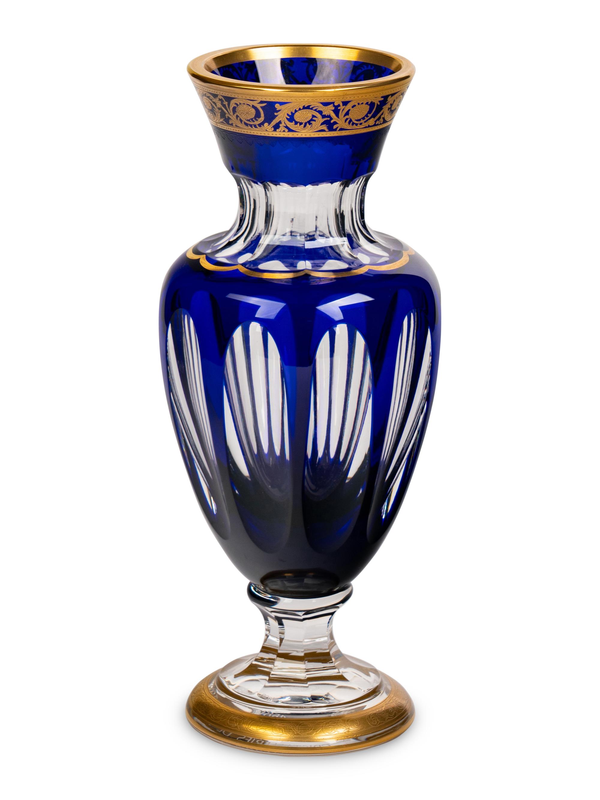 A Saint-Louis Gilt Decorated Cobalt Cut-to-Clear Glass Vase