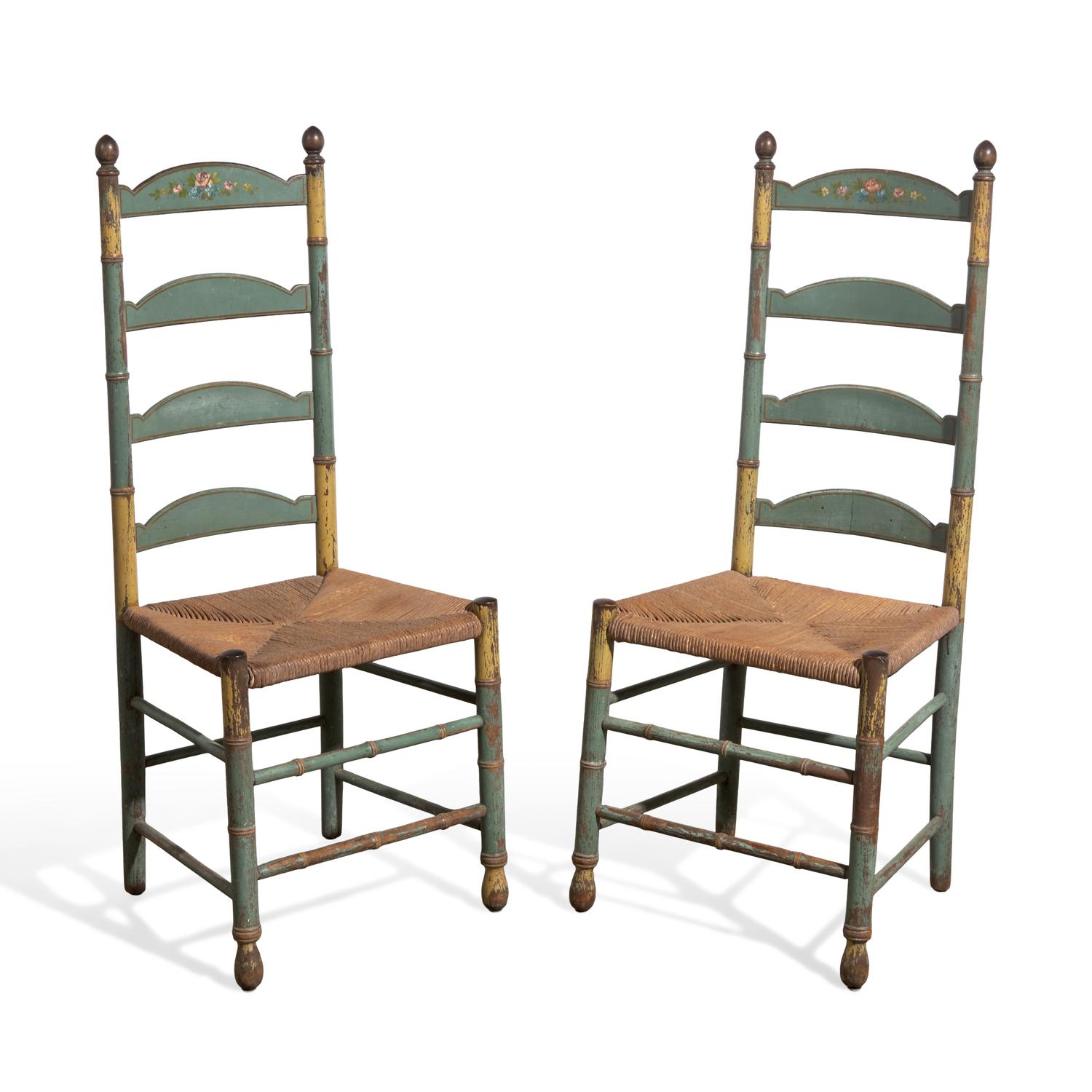 A Pair of Green-Painted and Decorated Ladder-Back Rush-Seat Side Chairs