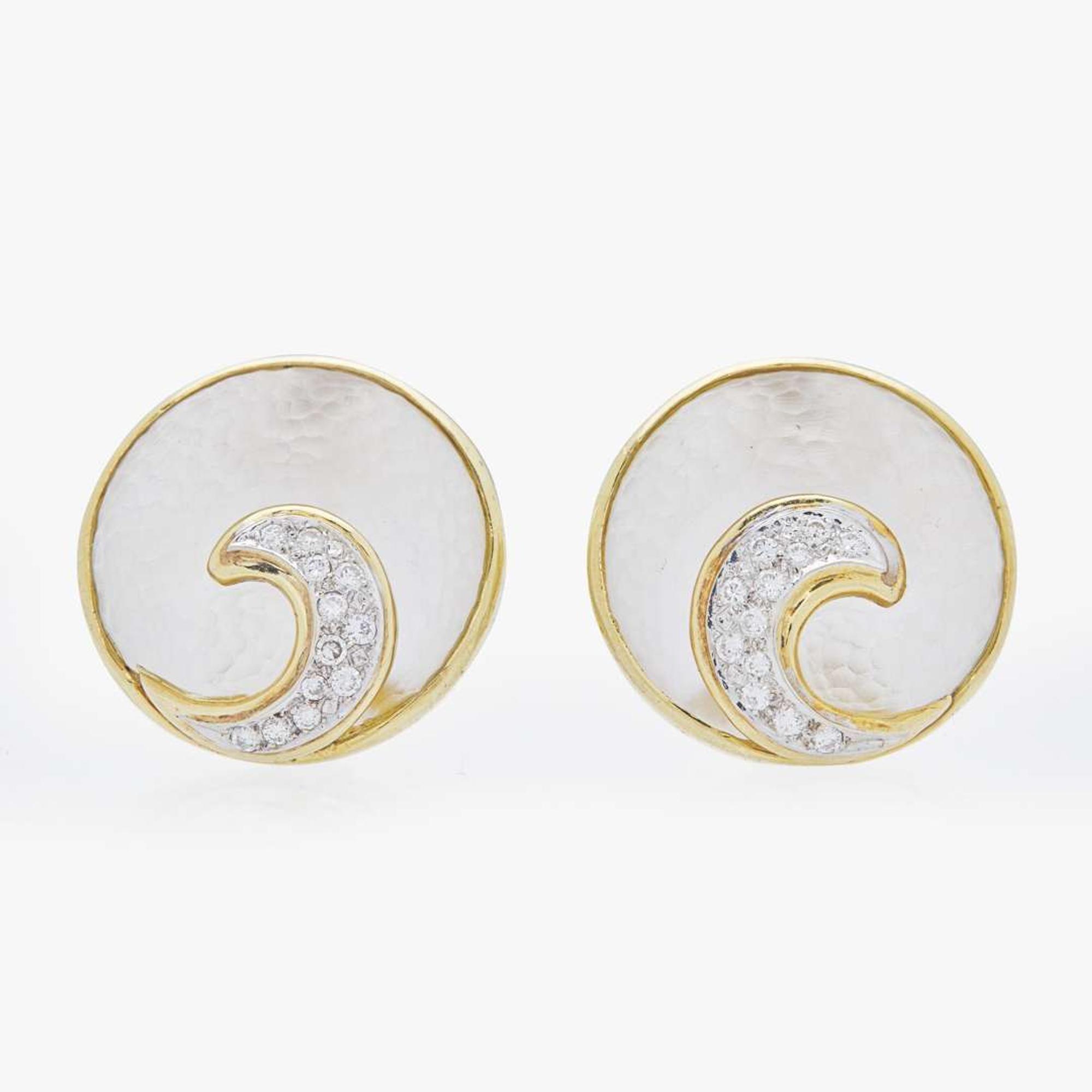 A Pair of 18K Yellow Gold, Diamond, and Rock Crystal Ear Clips