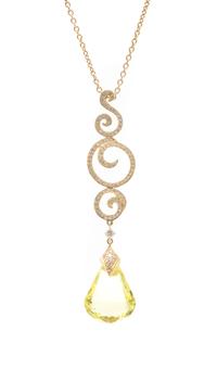 An 18 Karat Yellow Gold, Yellow Quartz and Diamond Demi Parure, Together With A Bicolor Gold, Citrine, and Diamond Pendant, 16.50 dwts.