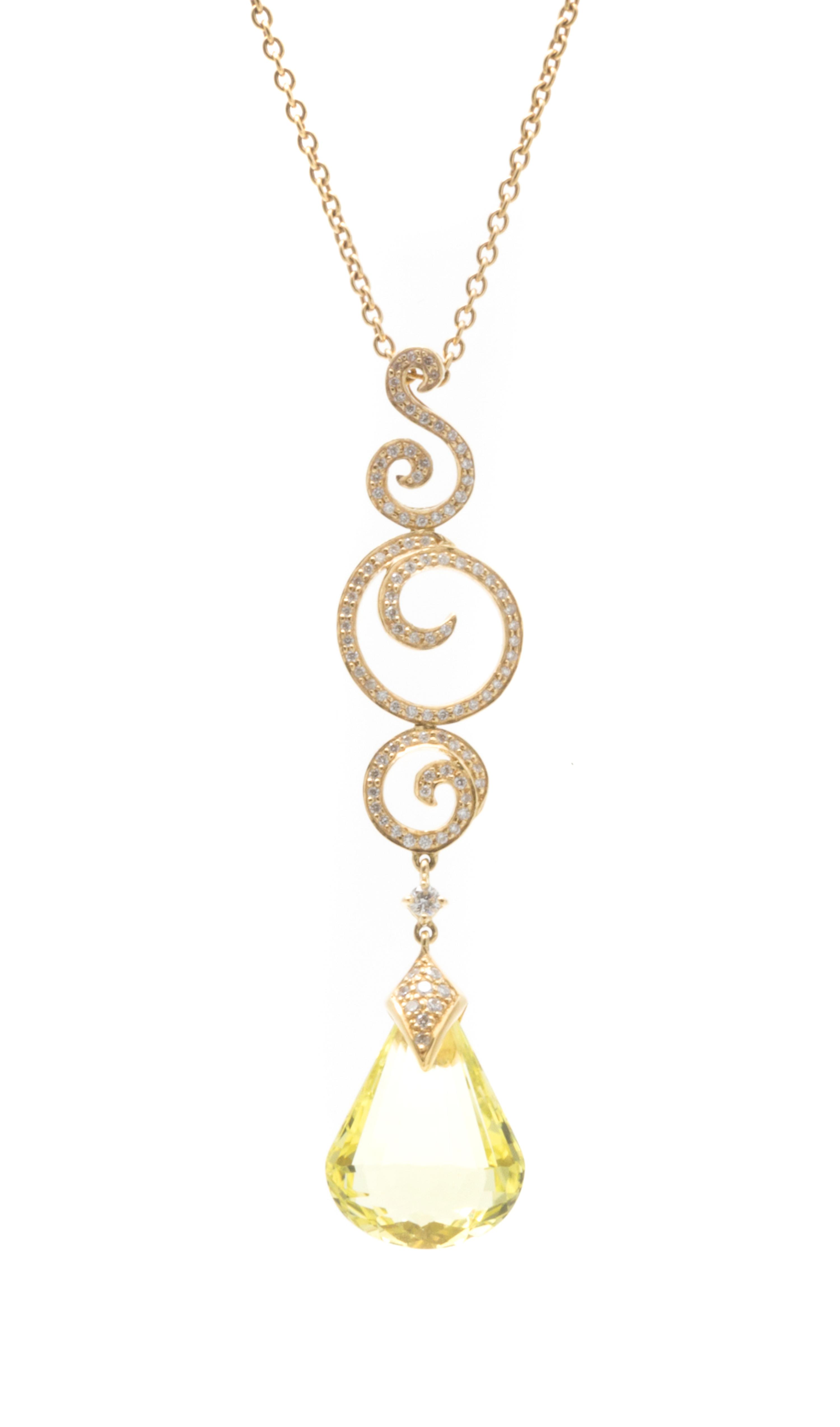 An 18 Karat Yellow Gold, Yellow Quartz and Diamond Demi Parure, Together With A Bicolor Gold, Citrine, and Diamond Pendant, 16.50 dwts.