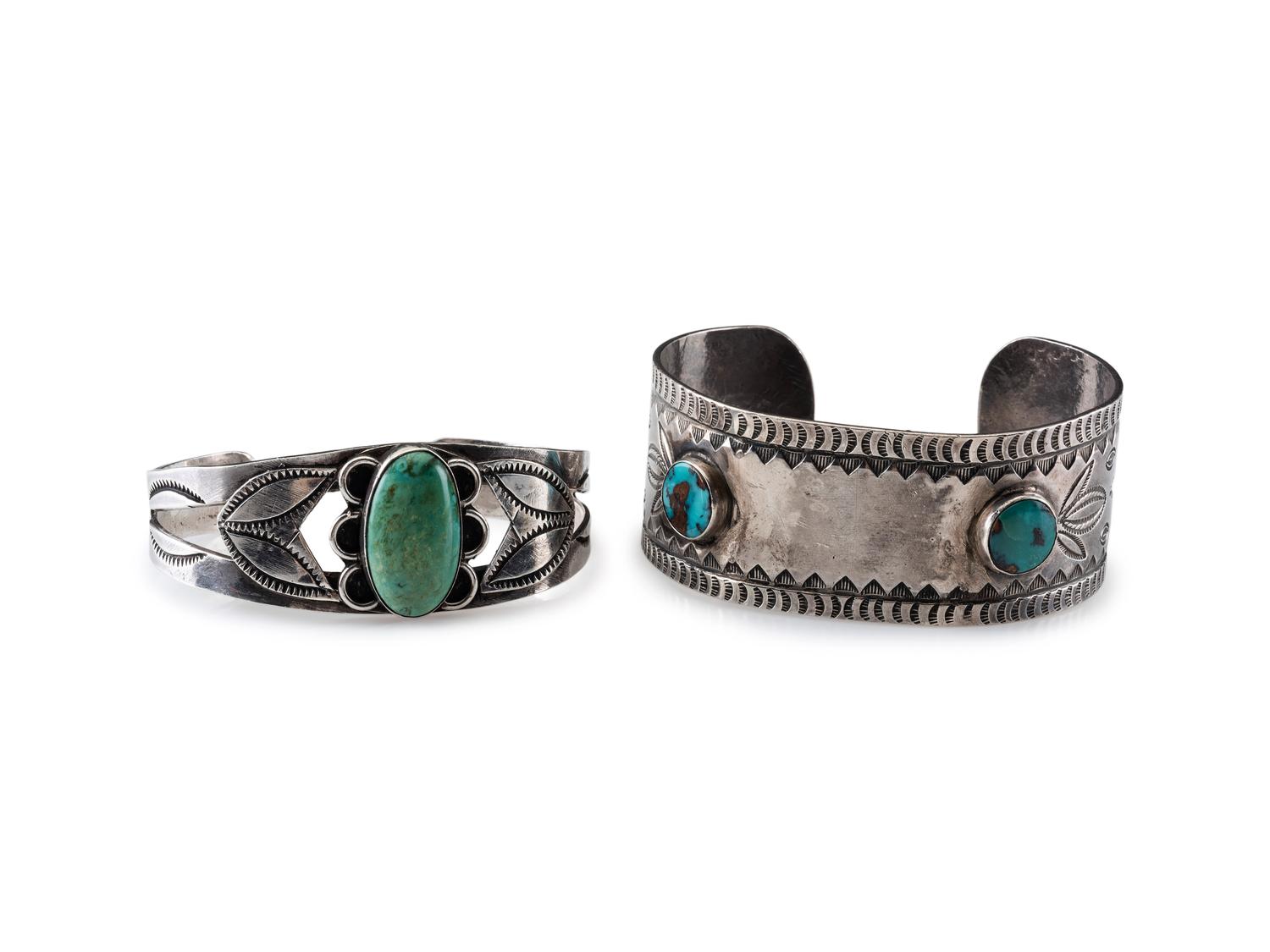 Pair of Navajo Stamped Silver and Turquoise Cuff Bracelets