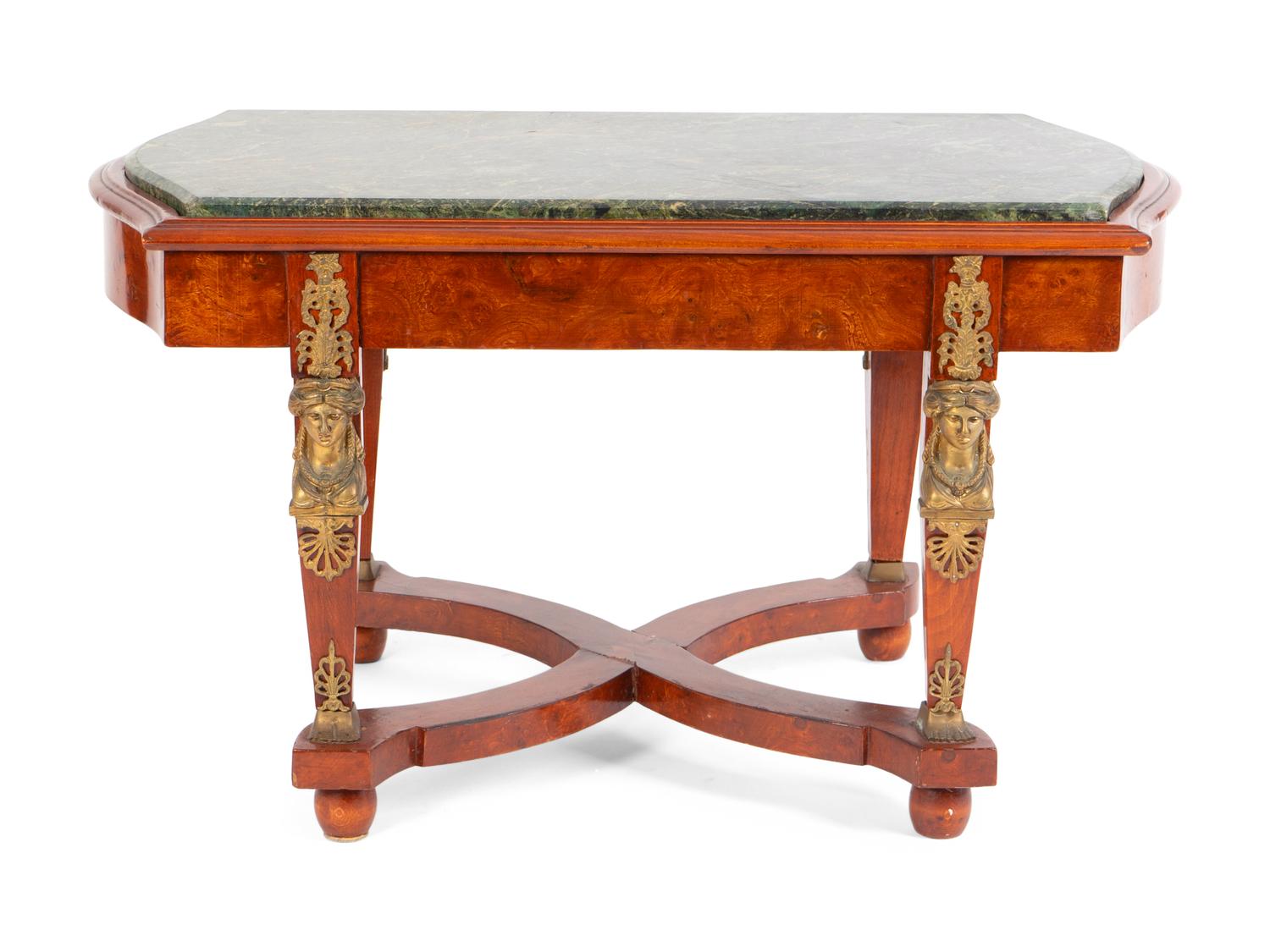 A French Empire Style Burlwood and Gilt Bronze Mounted Marble Top Low Table — LATE 19TH/EARLY 20TH CENTURY