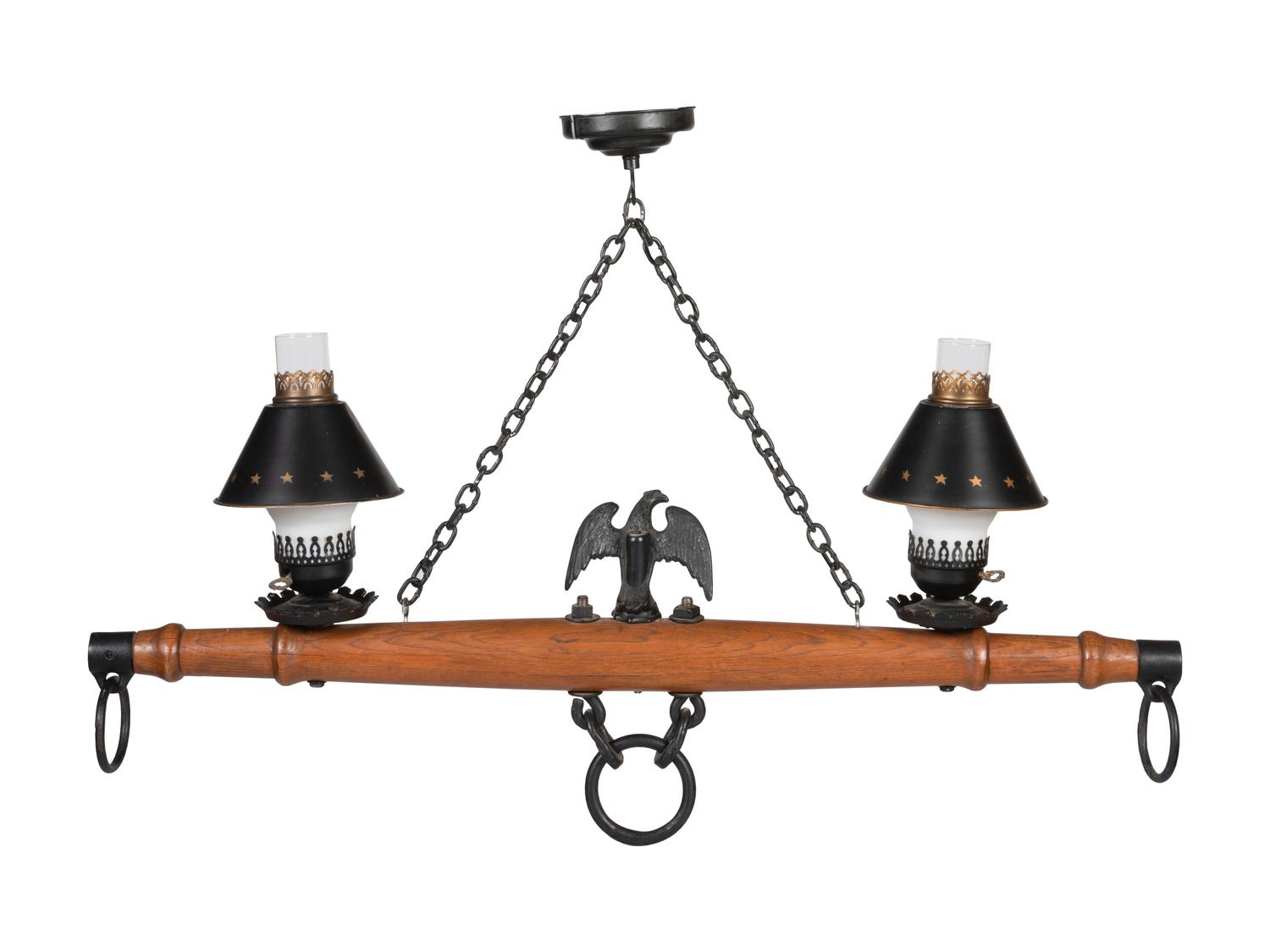 A Wood and Metal Wagon Yoke Two-Light Fixture