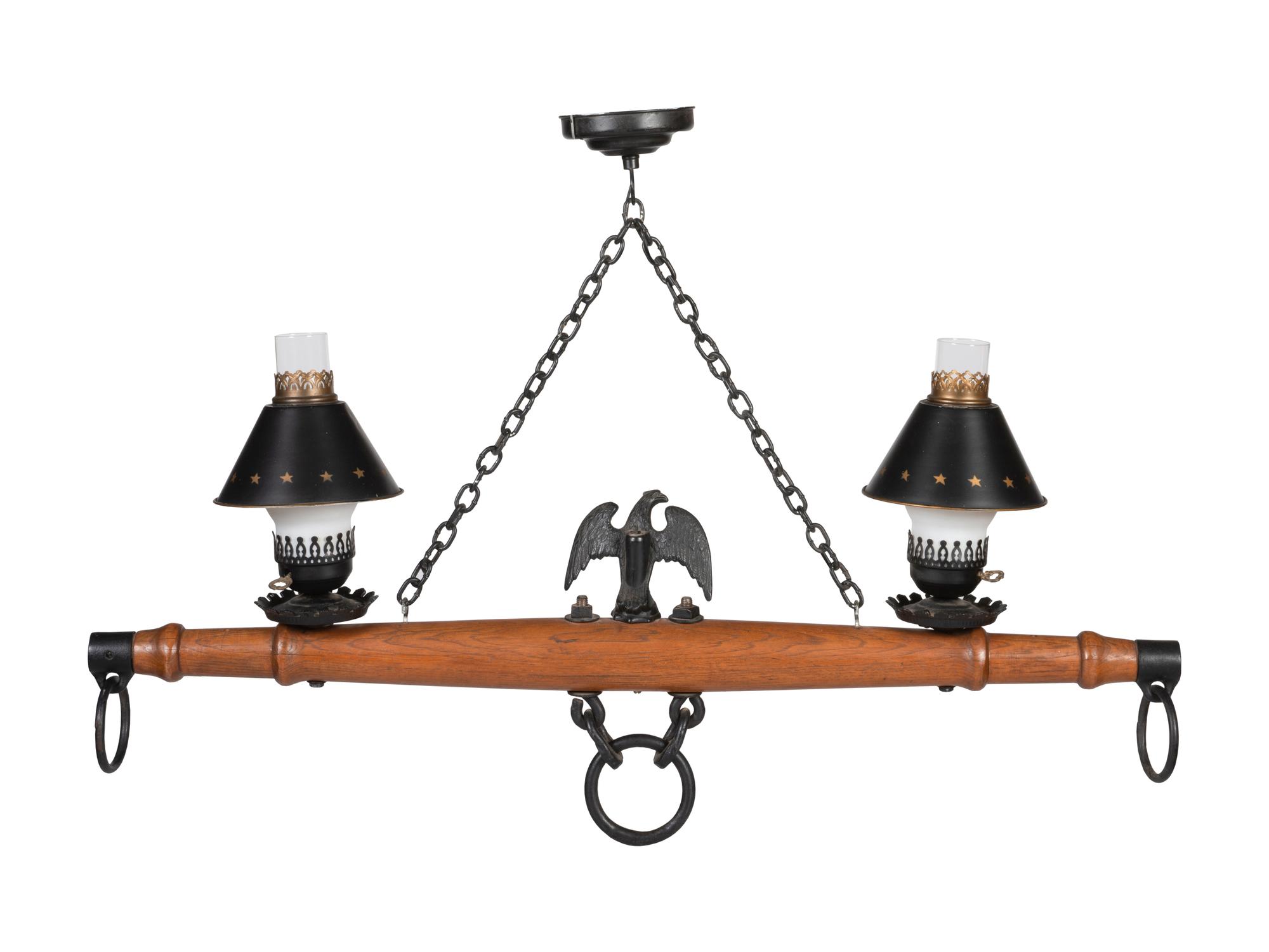A Wood and Metal Wagon Yoke Two-Light Fixture
