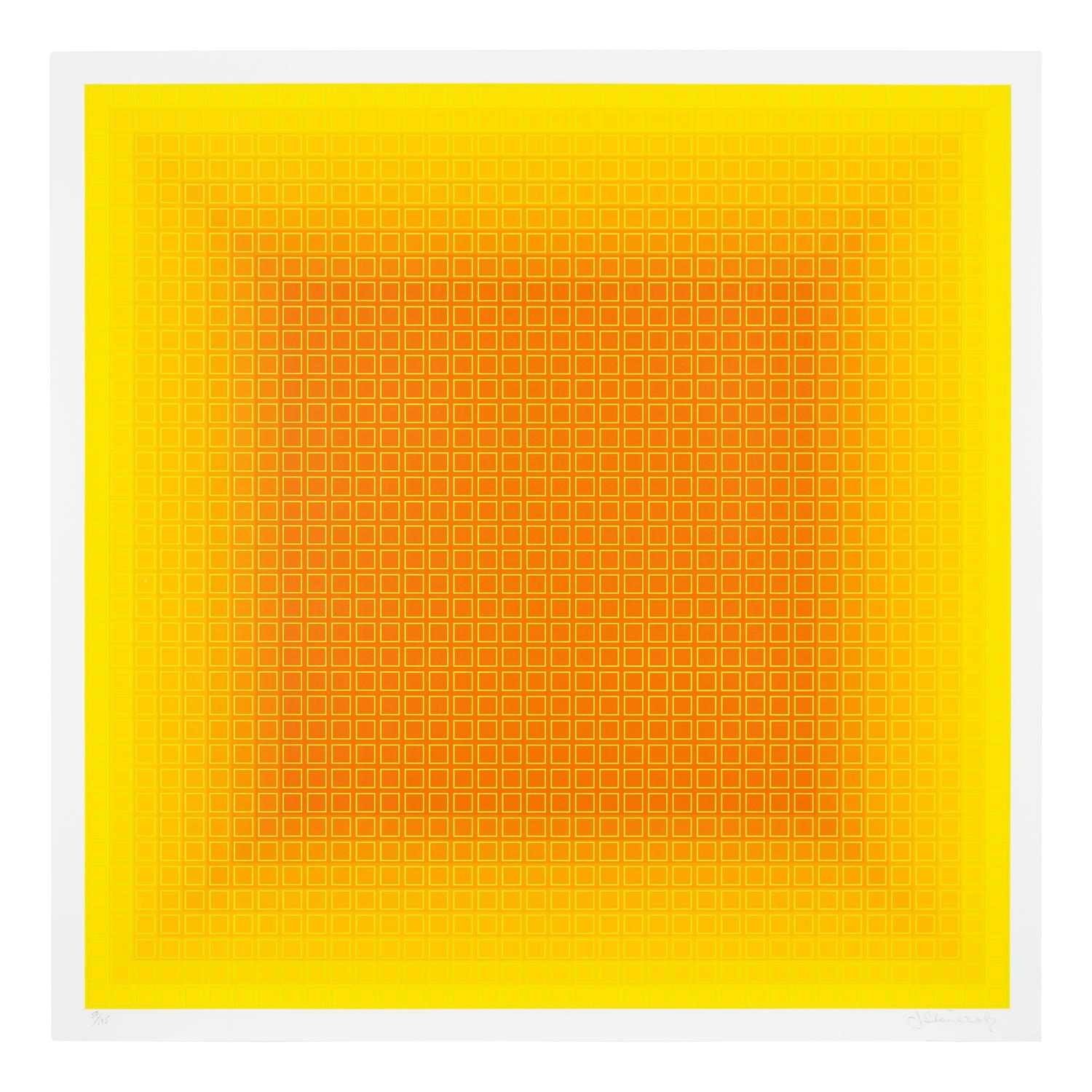 Julian Stanczak (American/Polish, 1928–2017) — A group of three screenprints ( Let it Be Orange; Yellow Filtration; Conferring Blue), 1981