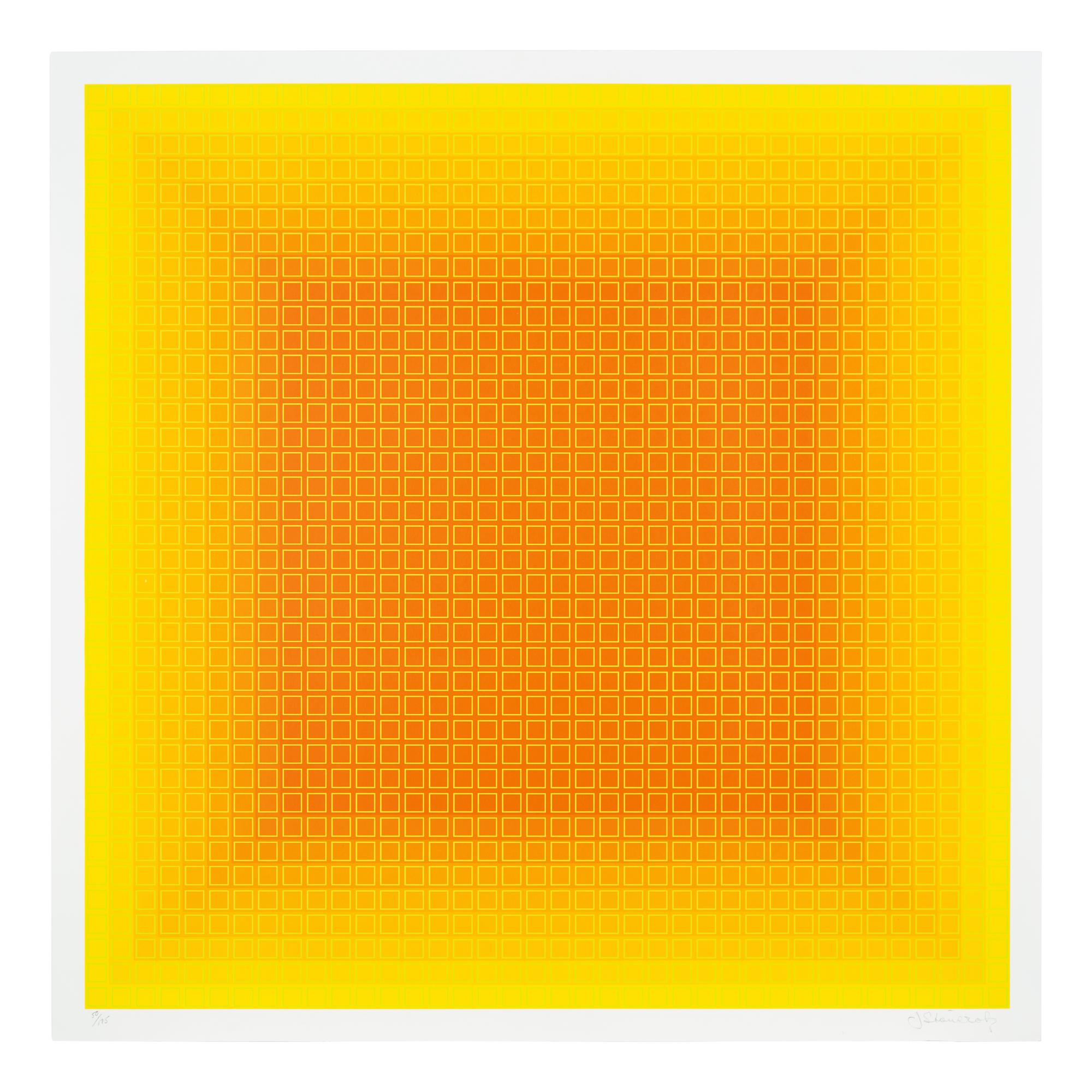Julian Stanczak (American/Polish, 1928–2017) — A group of three screenprints ( Let it Be Orange; Yellow Filtration; Conferring Blue), 1981