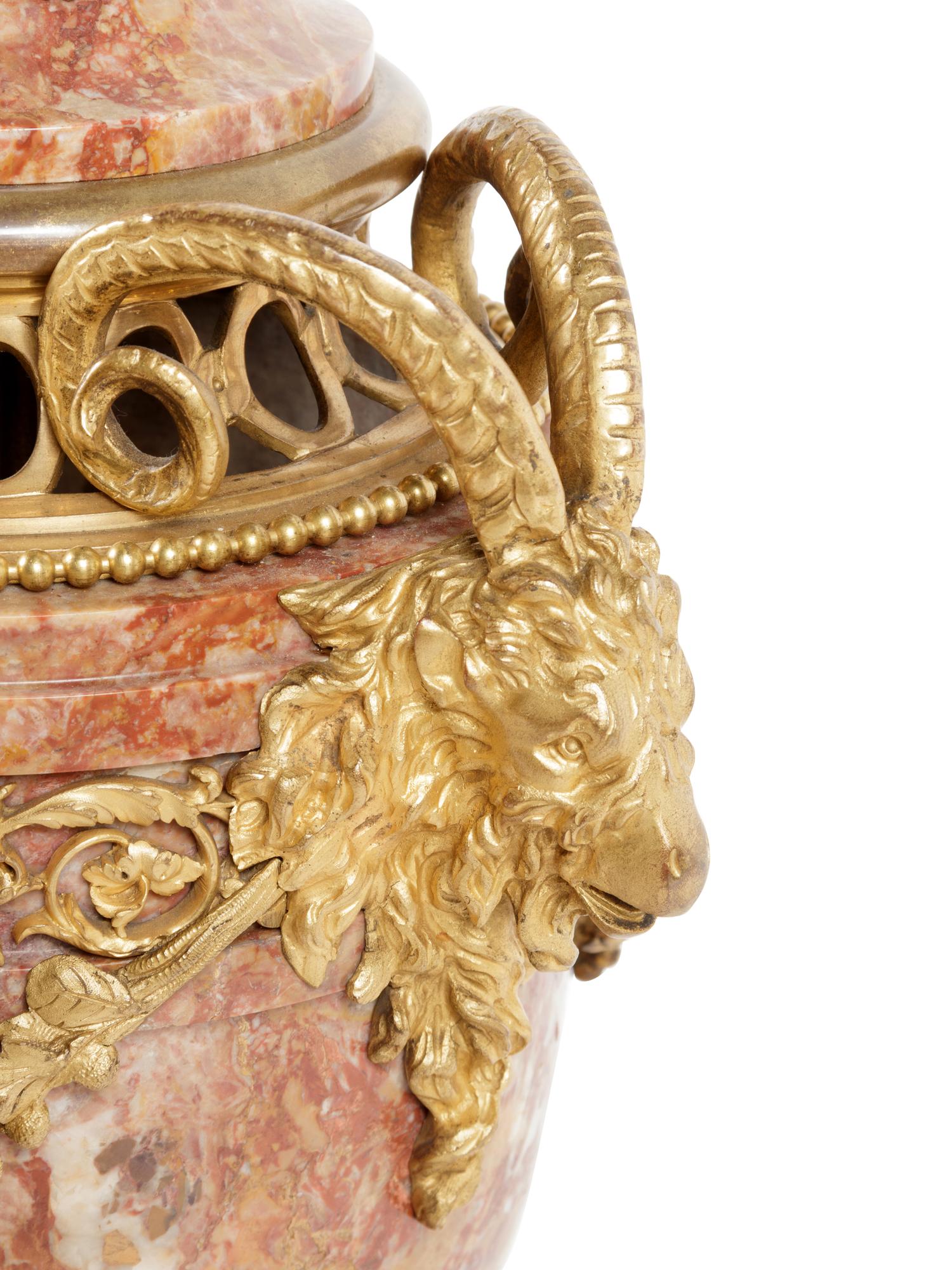 A Pair of Louis XVI Style Gilt Bronze and Marble Urns Mounted as Lamps