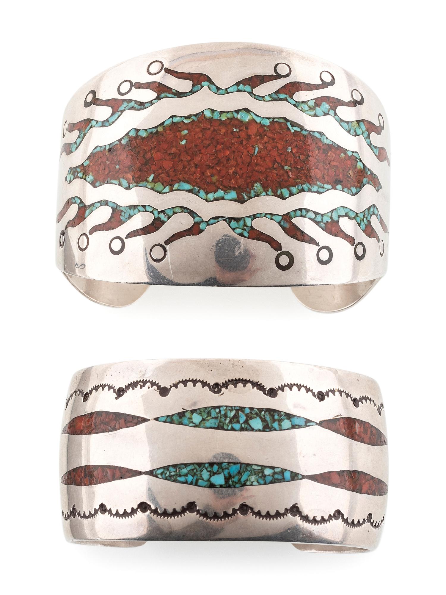 Navajo Silver Cuff Bracelets with Turquoise and Coral Chip Inlay