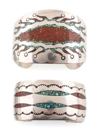 Navajo Silver Cuff Bracelets with Turquoise and Coral Chip Inlay