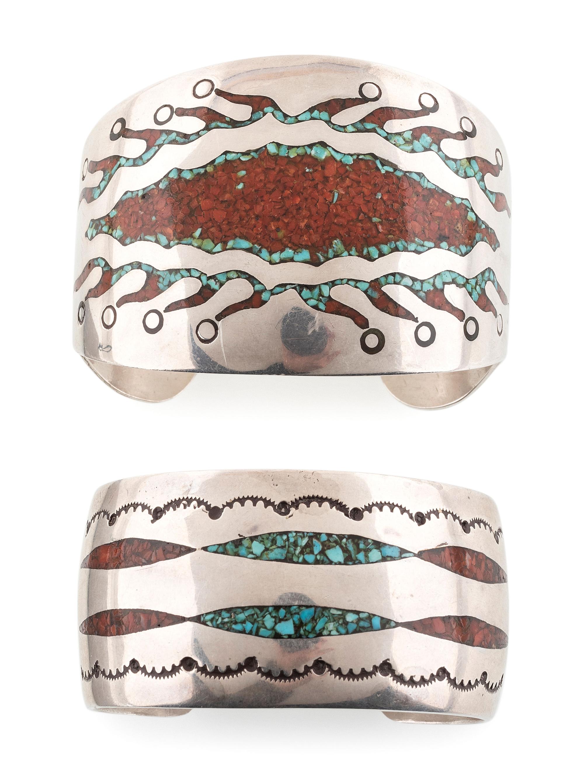 Navajo Silver Cuff Bracelets with Turquoise and Coral Chip Inlay