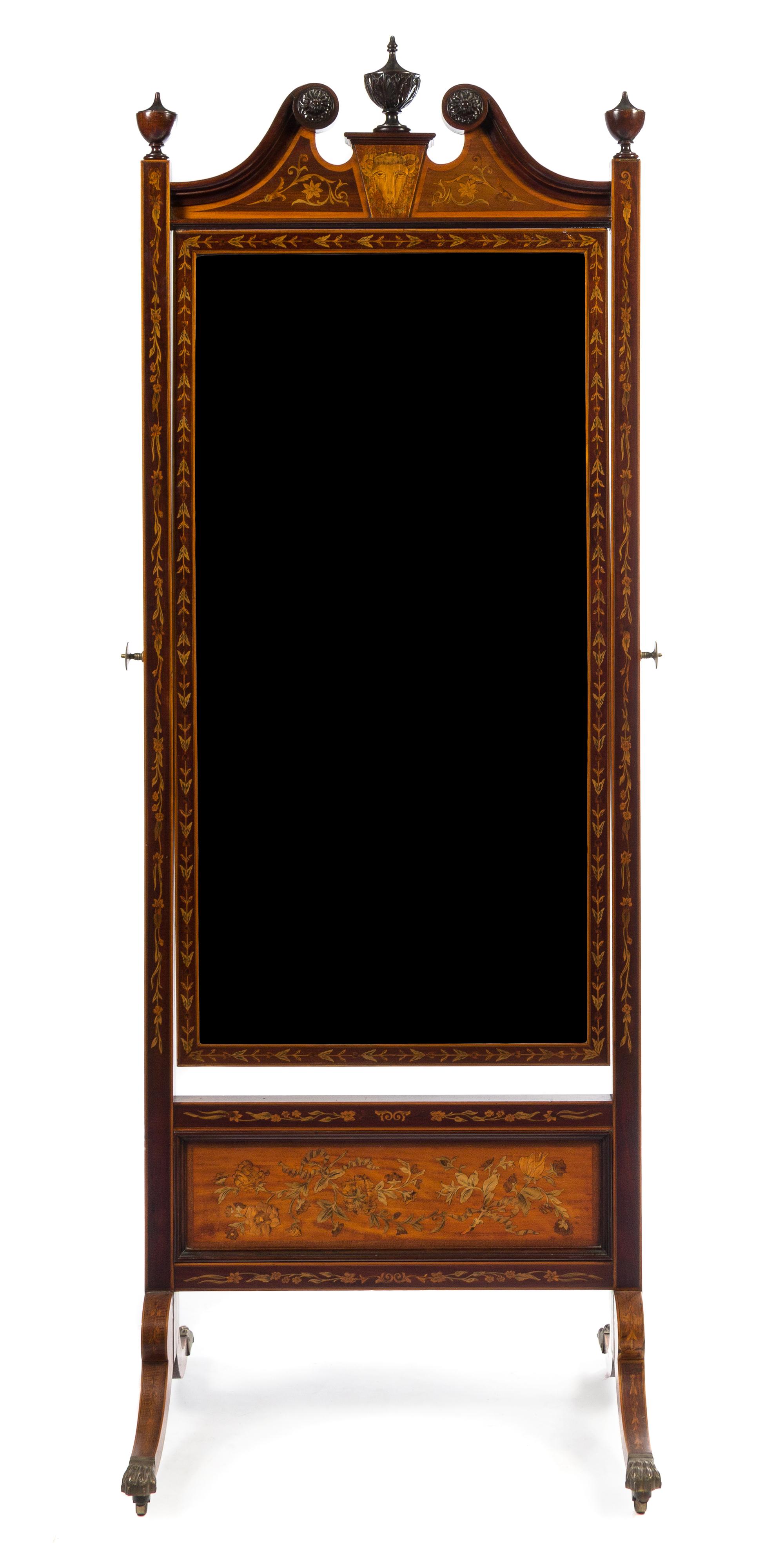 An Edwardian Style Simulated Marquetry Cheval Mirror Height 84 x width 32 inches. — 20TH CENTURY