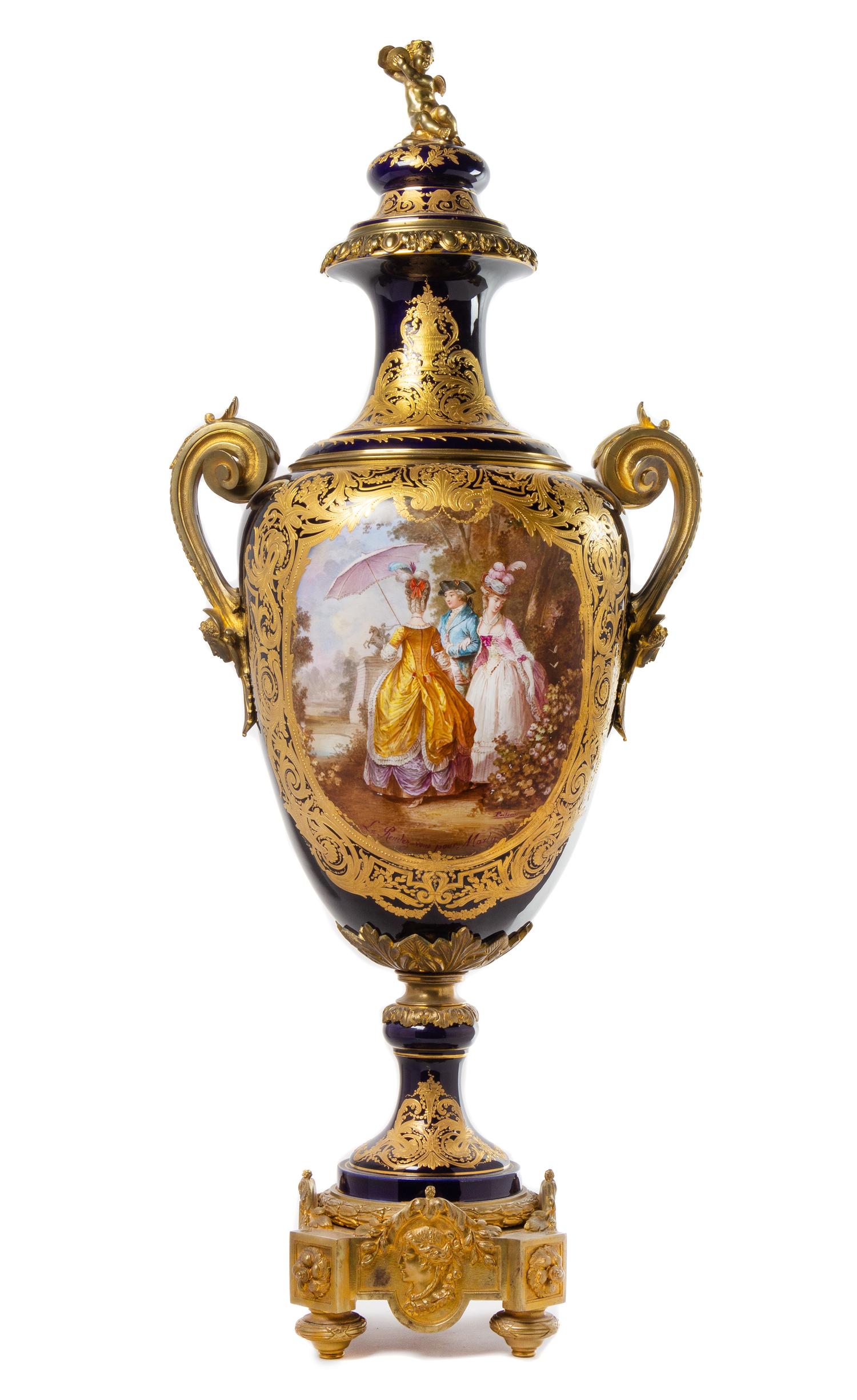 A Sevres Style Gilt Bronze Mounted Porcelain Lidded Urn Height 46 inches. — LATE 19TH/EARLY 20TH CENTURY