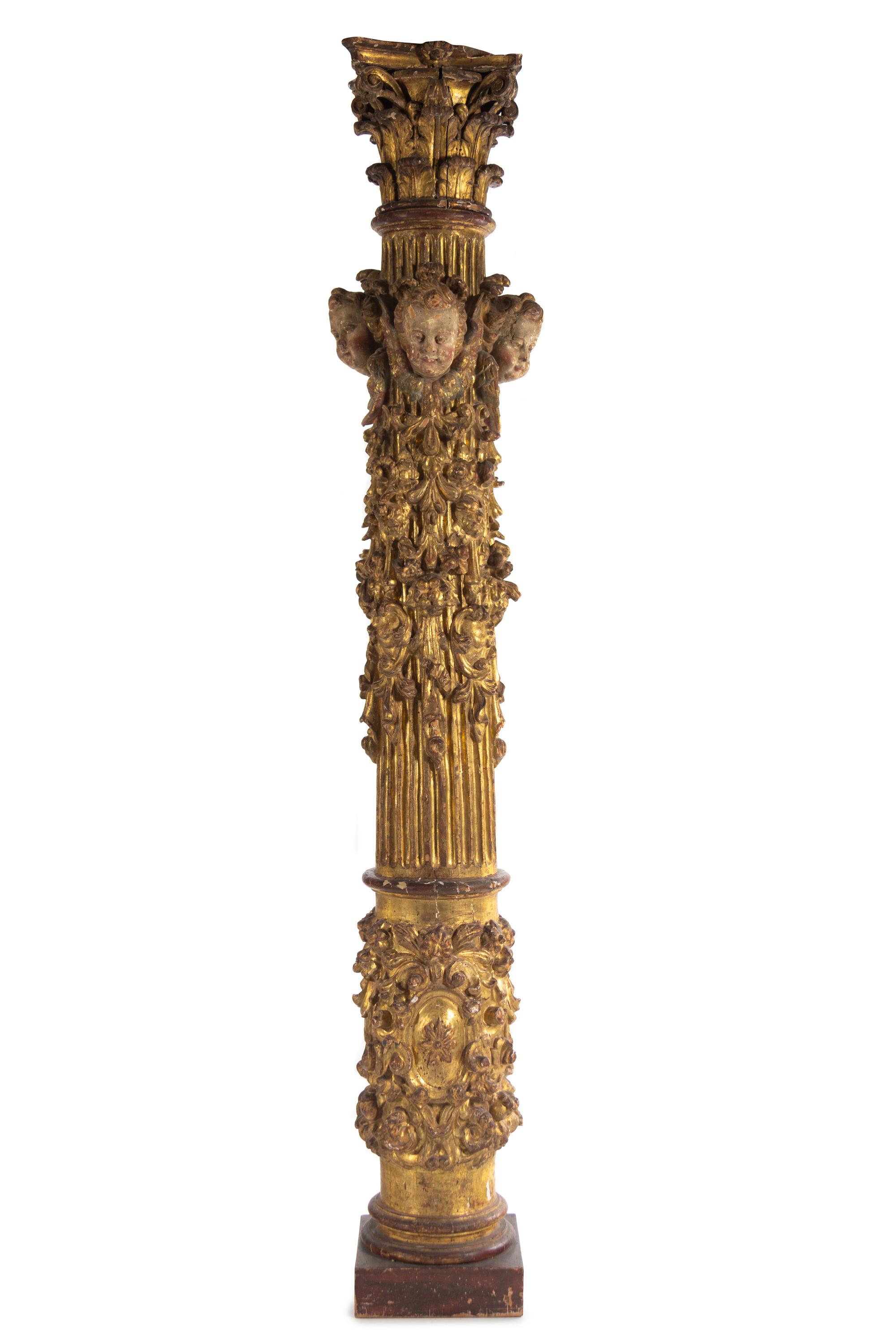 A French Baroque Carved Giltwood Pediment and Two Columns — MID 16TH CENTURY