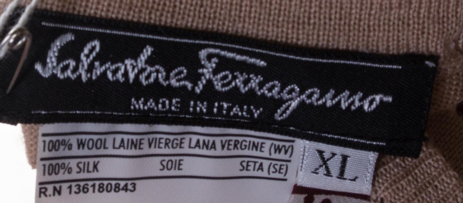 A Ferragamo Beige Wool Cardigan and Pant Ensemble, Sweater XL, pant size 14.
