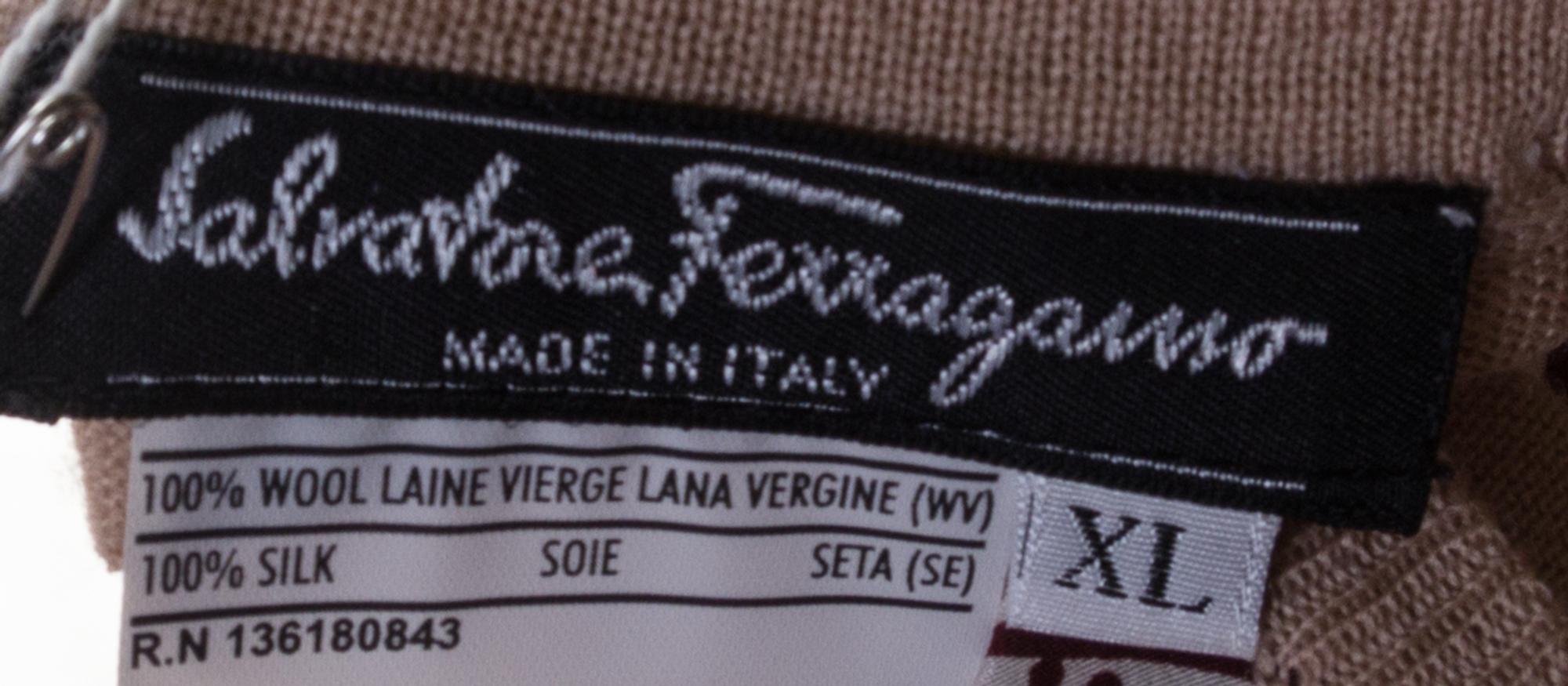 A Ferragamo Beige Wool Cardigan and Pant Ensemble, Sweater XL, pant size 14.