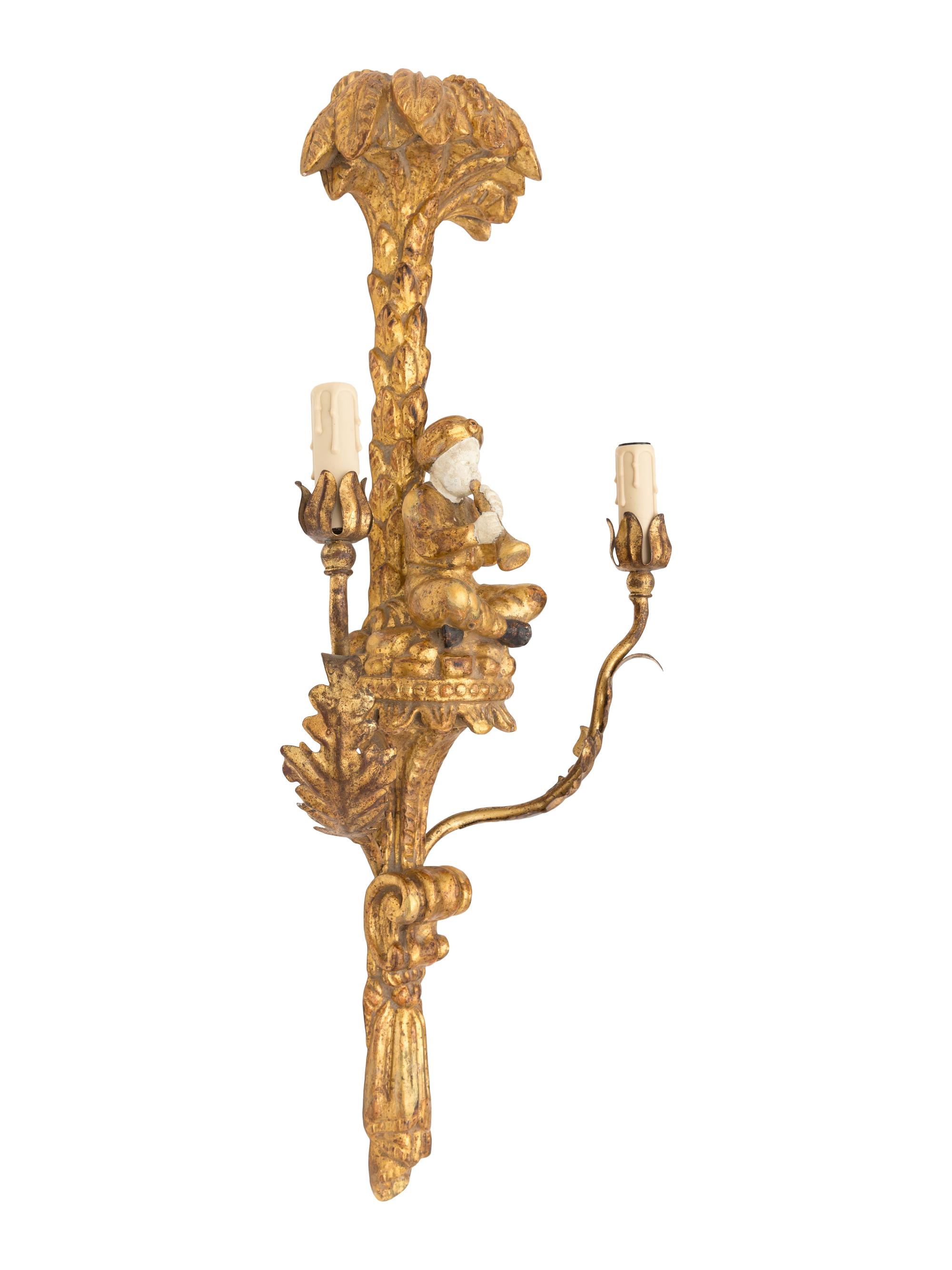 A Pair of Italian Giltwood and Tole Figural Two-Light Sconces