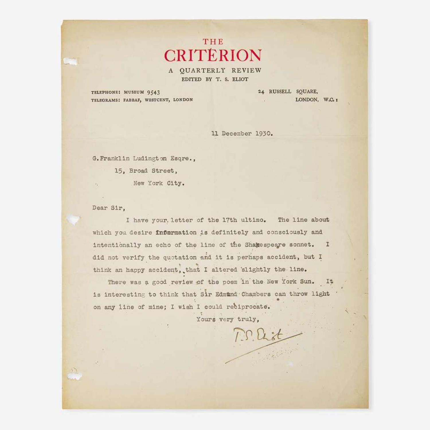 [Literature] Eliot, T.S. Typed Letter, signed