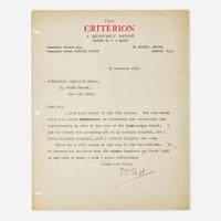 [Literature] Eliot, T.S. Typed Letter, signed