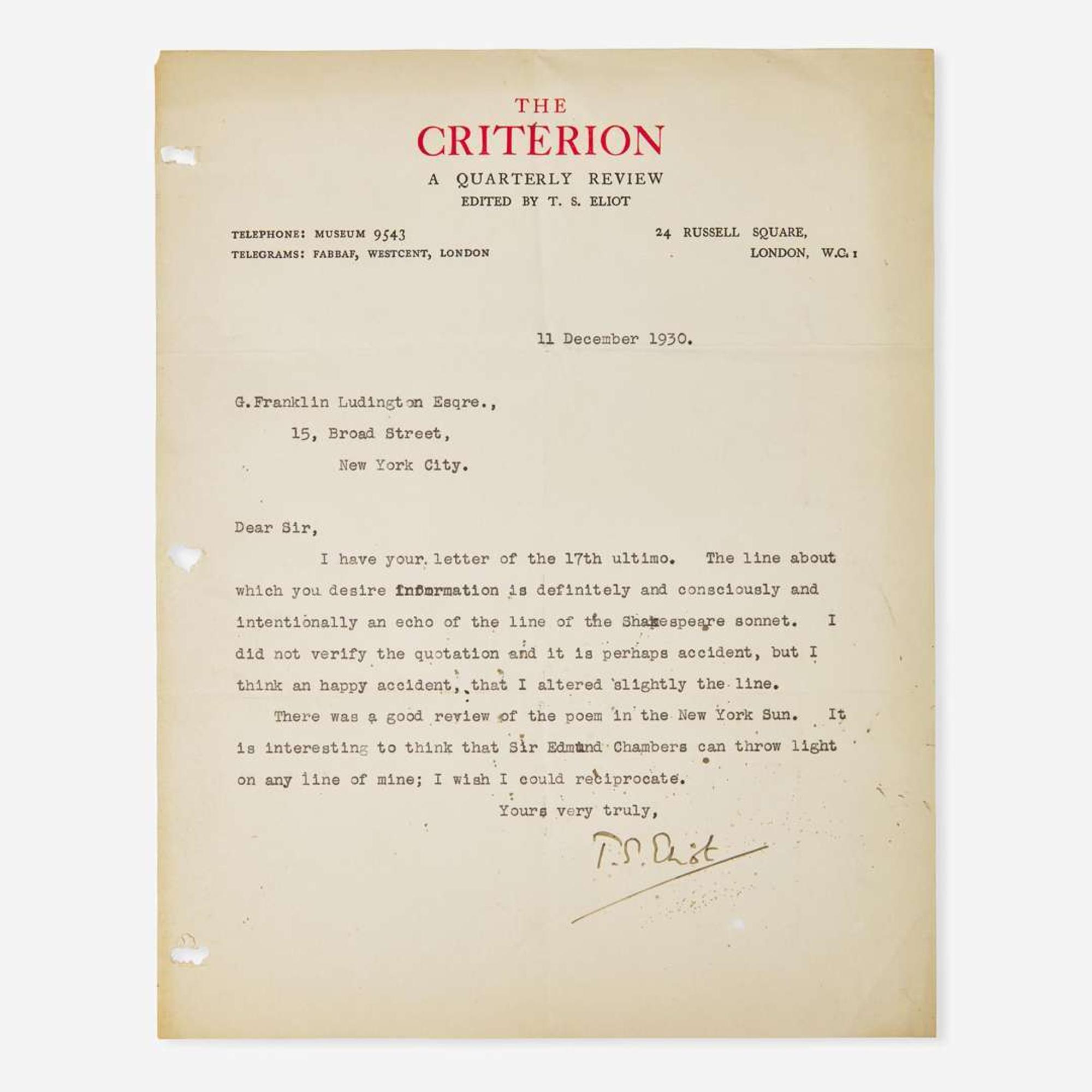[Literature] Eliot, T.S. Typed Letter, signed