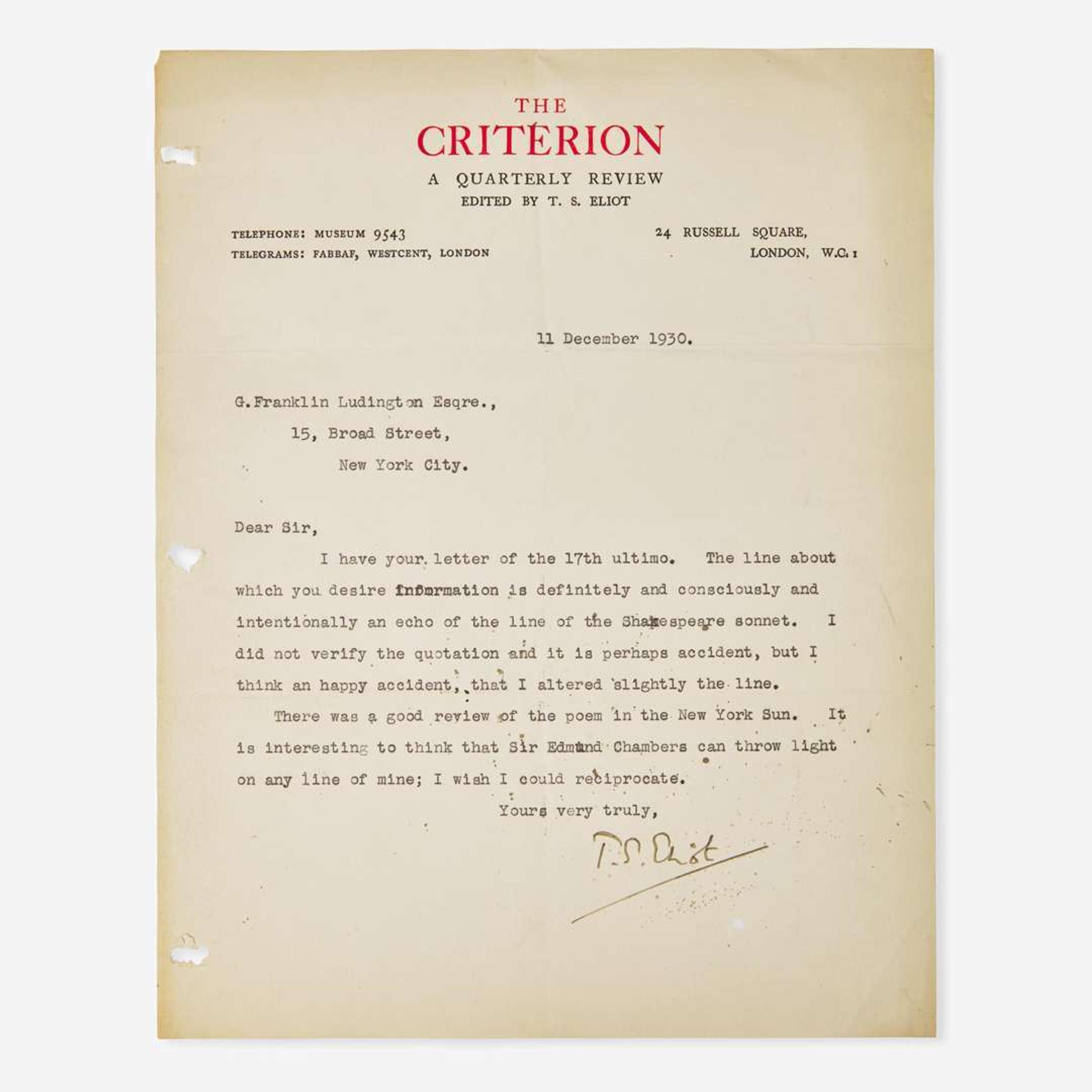 [Literature] Eliot, T.S. Typed Letter, signed