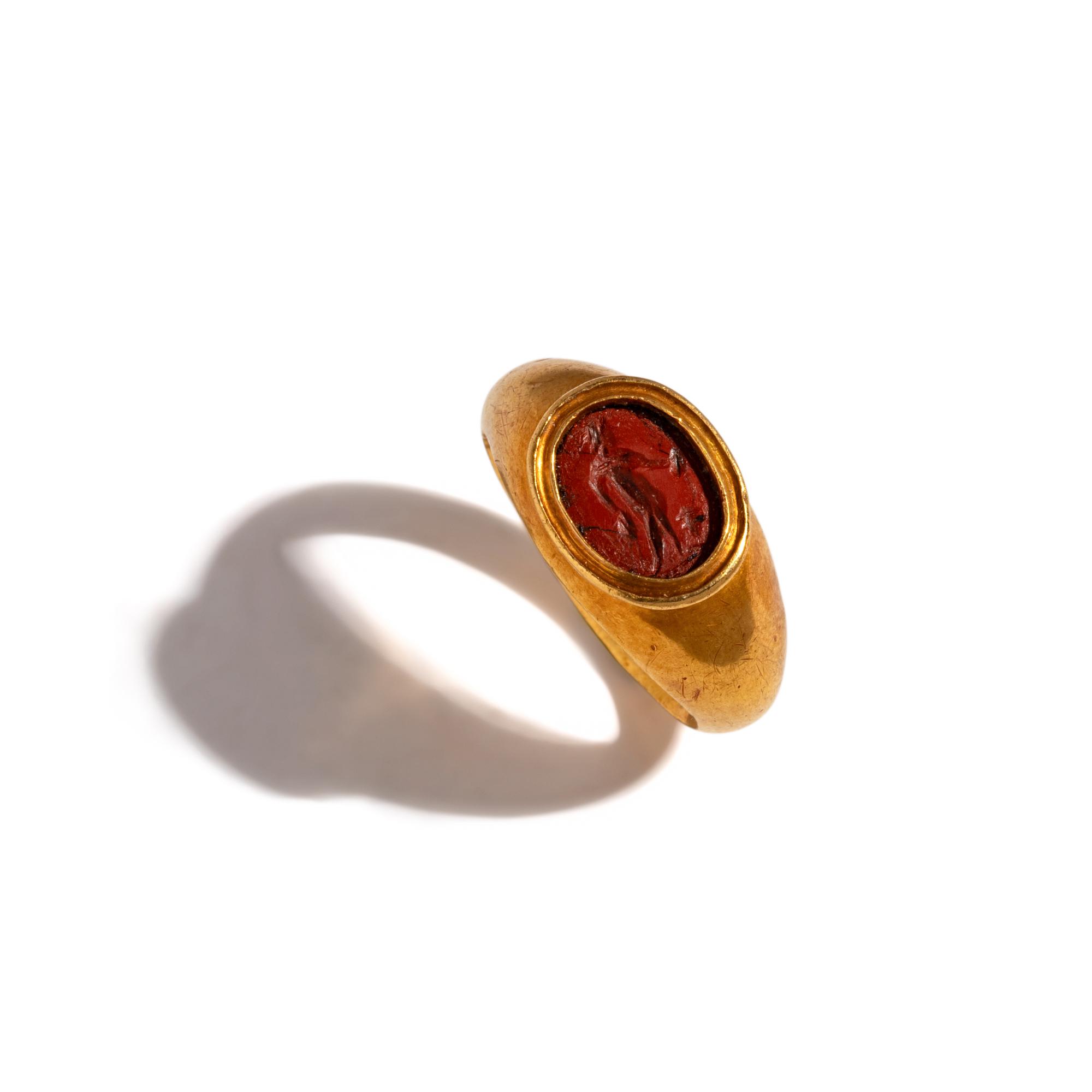 A Roman Gold and Red Jasper Finger Ring with Hermes