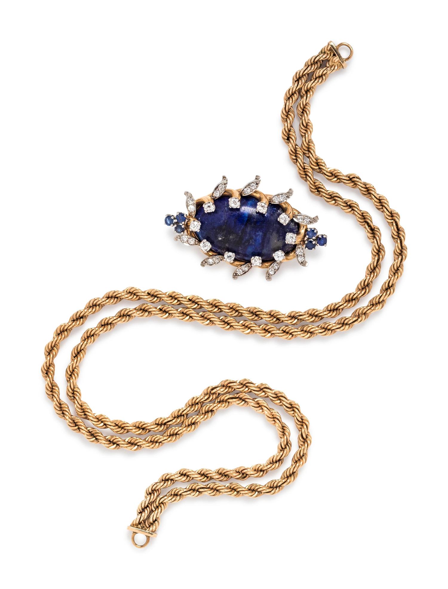 Lapis Lazuli, Diamond and Sapphire Brooch/Necklace