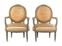 A Pair of Louis XVI Style Painted and Parcel Gilt Fauteuils