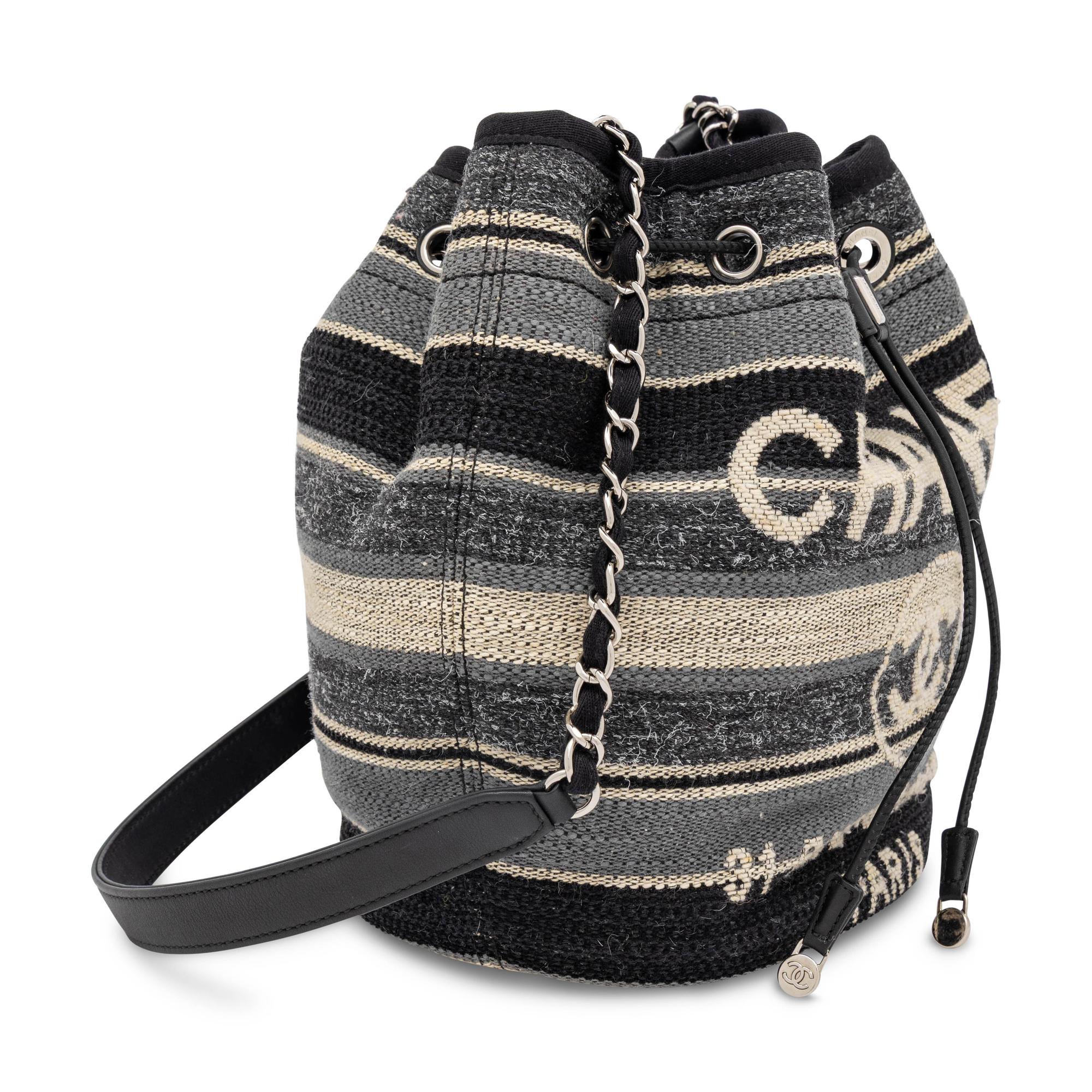 Chanel, Deauville Drawstring Bucket Bag in Striped Woven Canvas