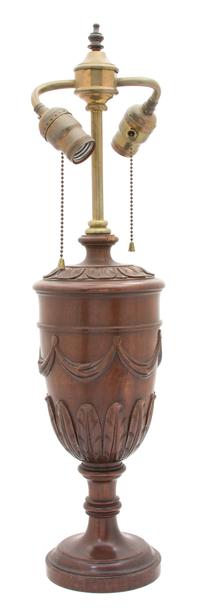 A Regency Style Carved Mahogany Urn-Form Two-Light Table Lamp Height 23 inches.