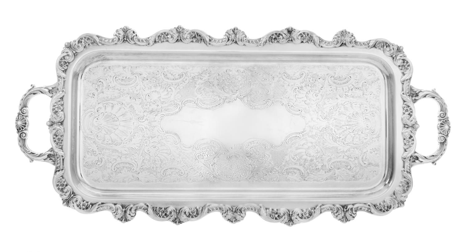 A Group of Three Silver-Plate Serving Trays, Various Markers, each of shaped handled form, comprising an example in the Ascot pattern,