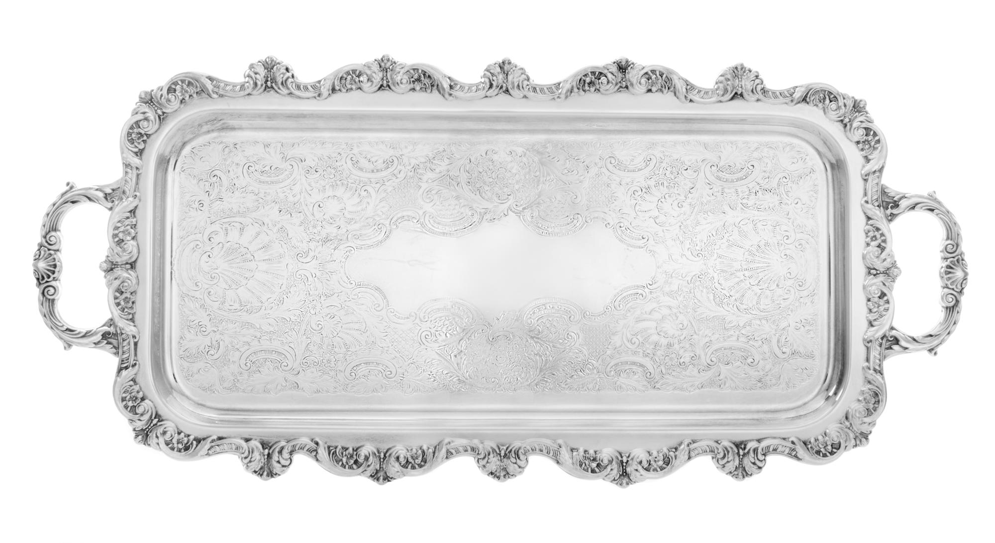 A Group of Three Silver-Plate Serving Trays, Various Markers, each of shaped handled form, comprising an example in the Ascot pattern,