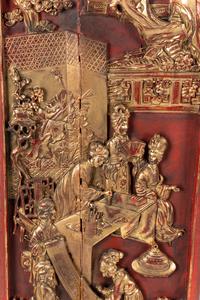 A Pair of Chinese Carved Gilt and Red Lacquered Wood Panels