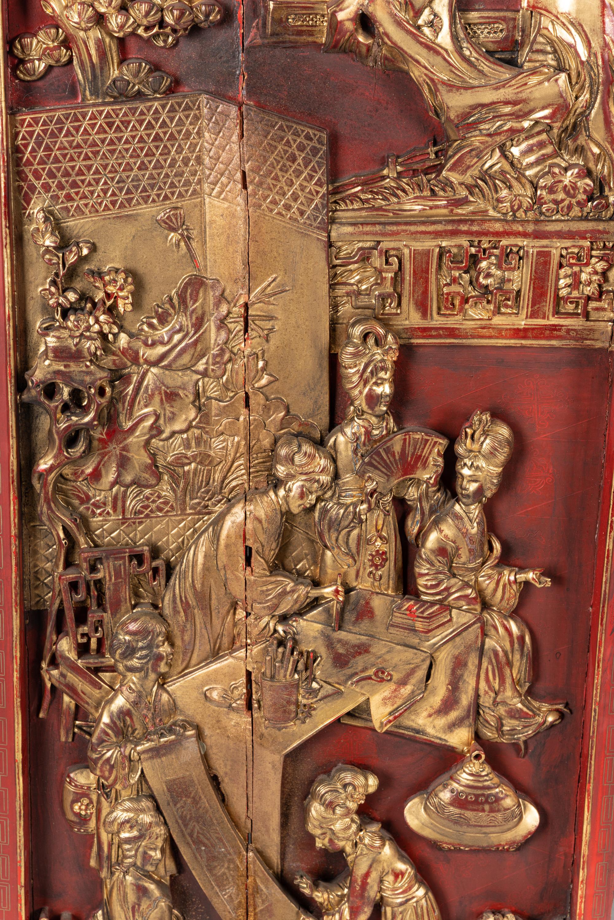 A Pair of Chinese Carved Gilt and Red Lacquered Wood Panels