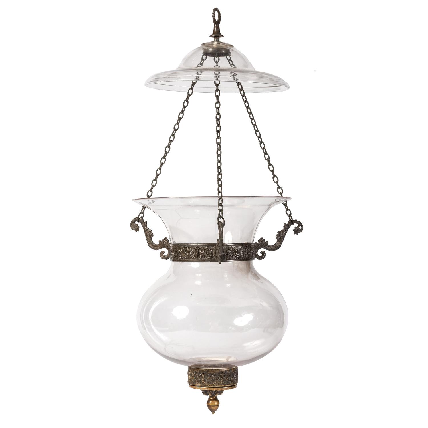 A Classical Pressed Metal Mounted Blown Glass Hall Lantern