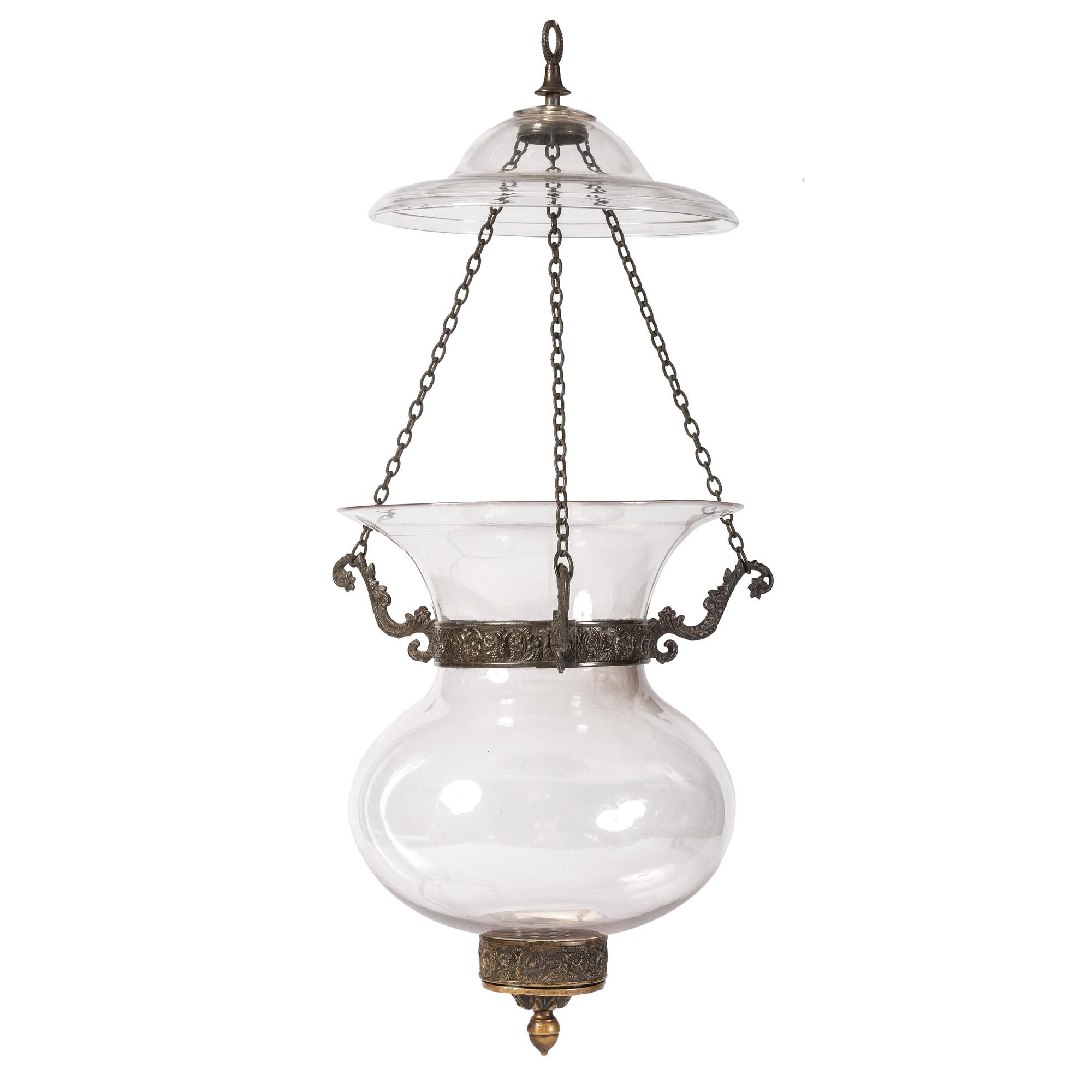 A Classical Pressed Metal Mounted Blown Glass Hall Lantern