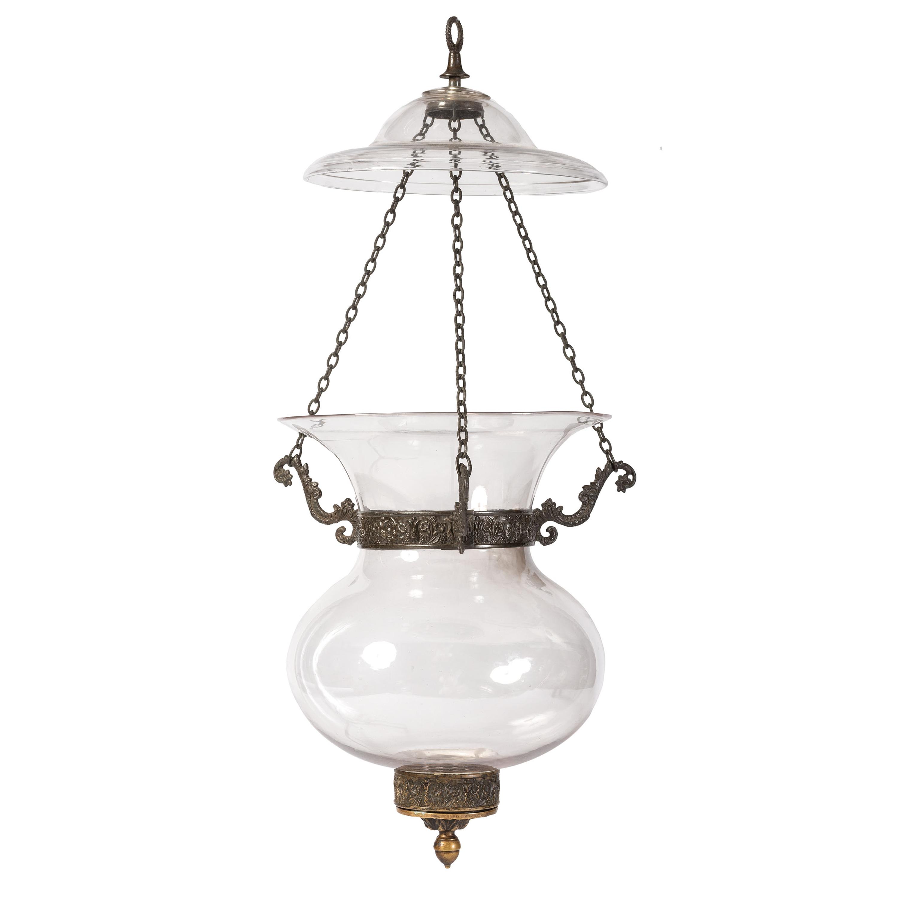 A Classical Pressed Metal Mounted Blown Glass Hall Lantern