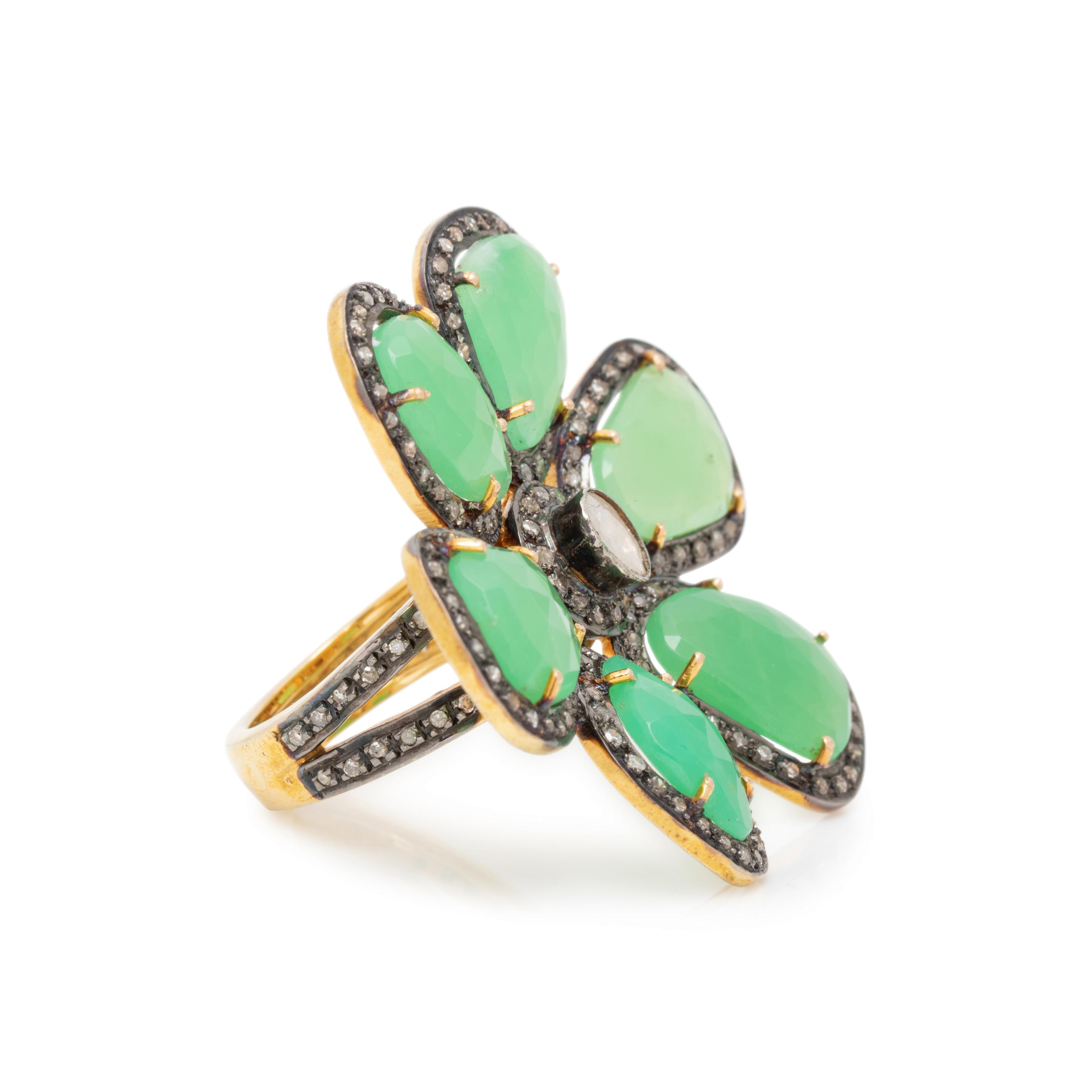 CHRYSOPRASE AND DIAMOND FLOWER RING