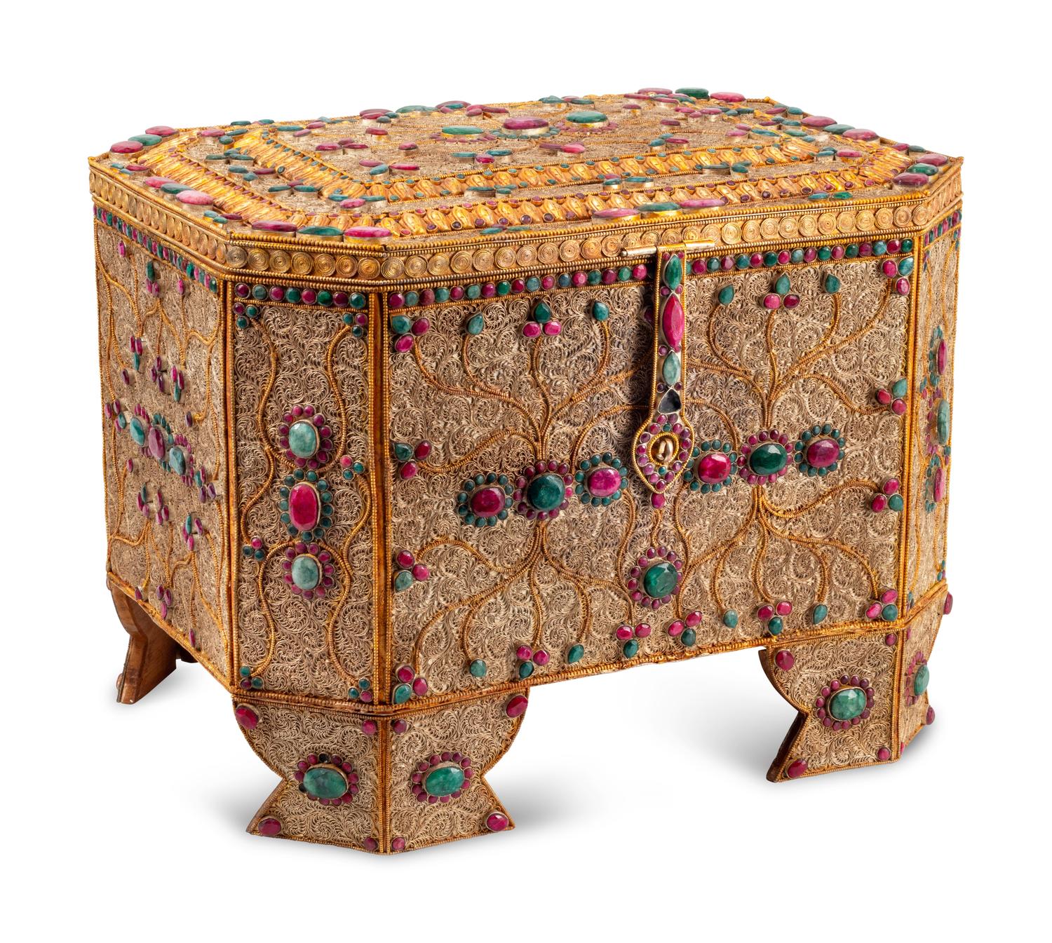 A Ruby and Emerald-Mounted Silvered and Gilt Filigree Table Casket