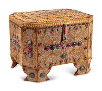 A Ruby and Emerald-Mounted Silvered and Gilt Filigree Table Casket